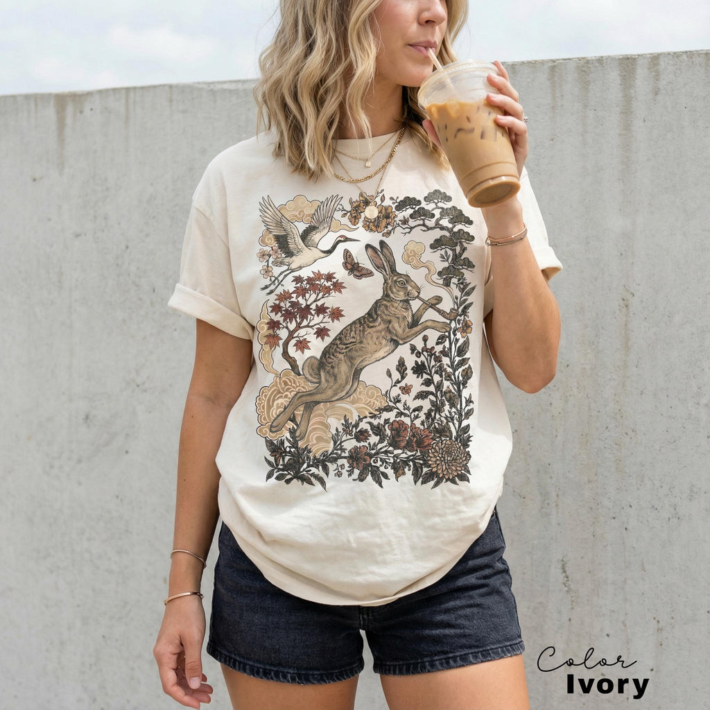 Retro Rabbit Shirt, Wild Hare Smoking Pipe t-shirt, Folk Art Forest Animal TShirt, Woodland Aesthetic Top, Comfort Colors