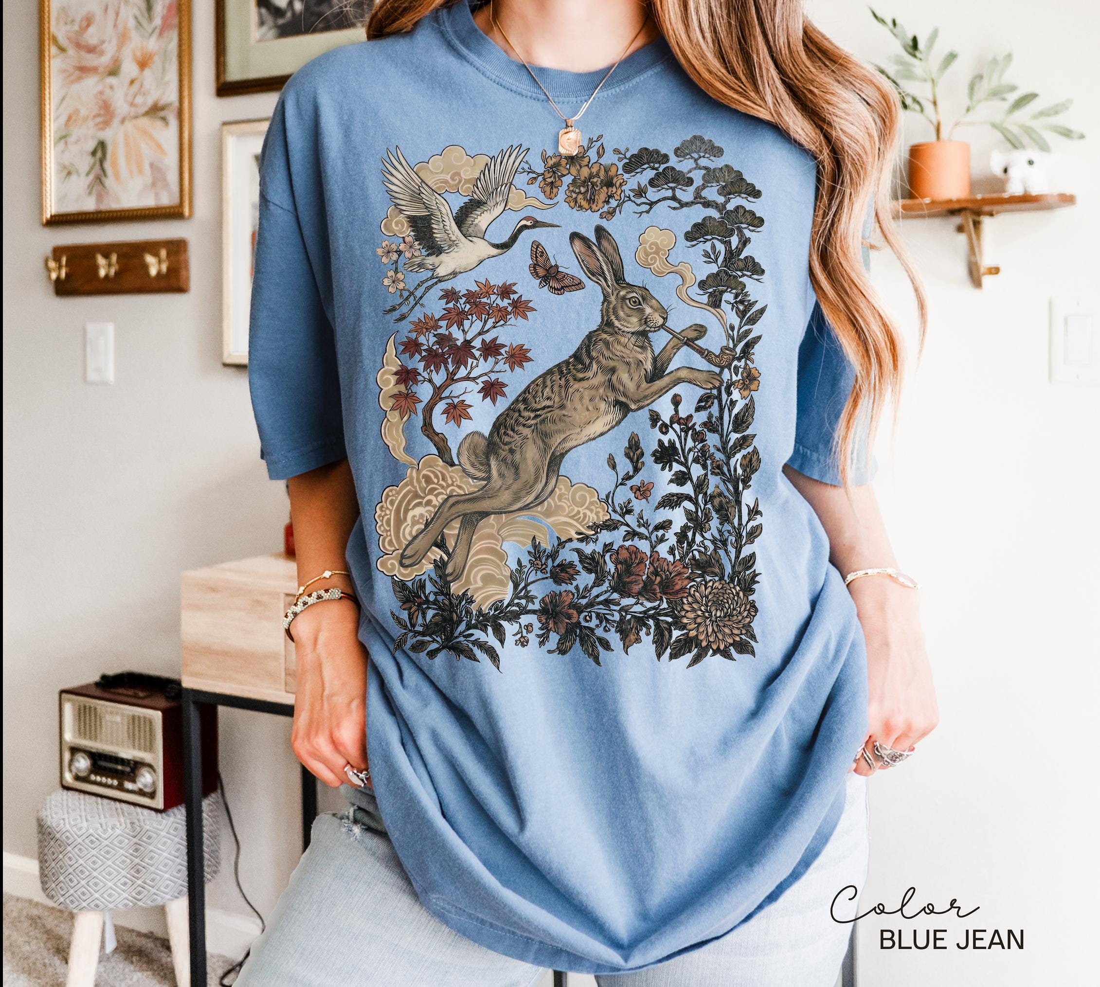 Retro Rabbit Shirt, Wild Hare Smoking Pipe t-shirt, Folk Art Forest Animal TShirt, Woodland Aesthetic Top, Comfort Colors
