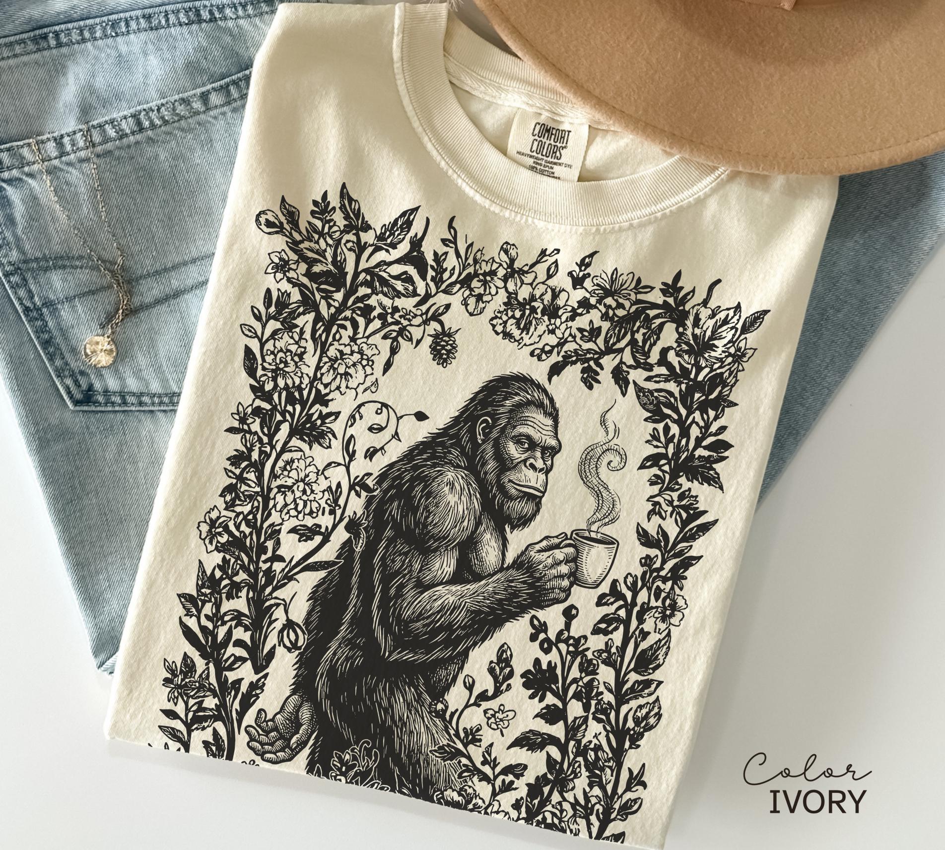 Big Foot Drinking Coffee Retro Nature Shirt, Floral Nature Tee, 90s Nature Outfit Crewneck, Americana Nostalgia