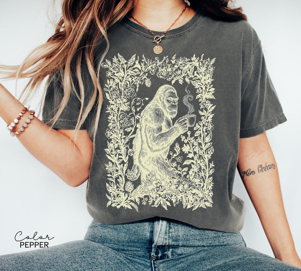 Big Foot Drinking Coffee Retro Nature Floral Tee
