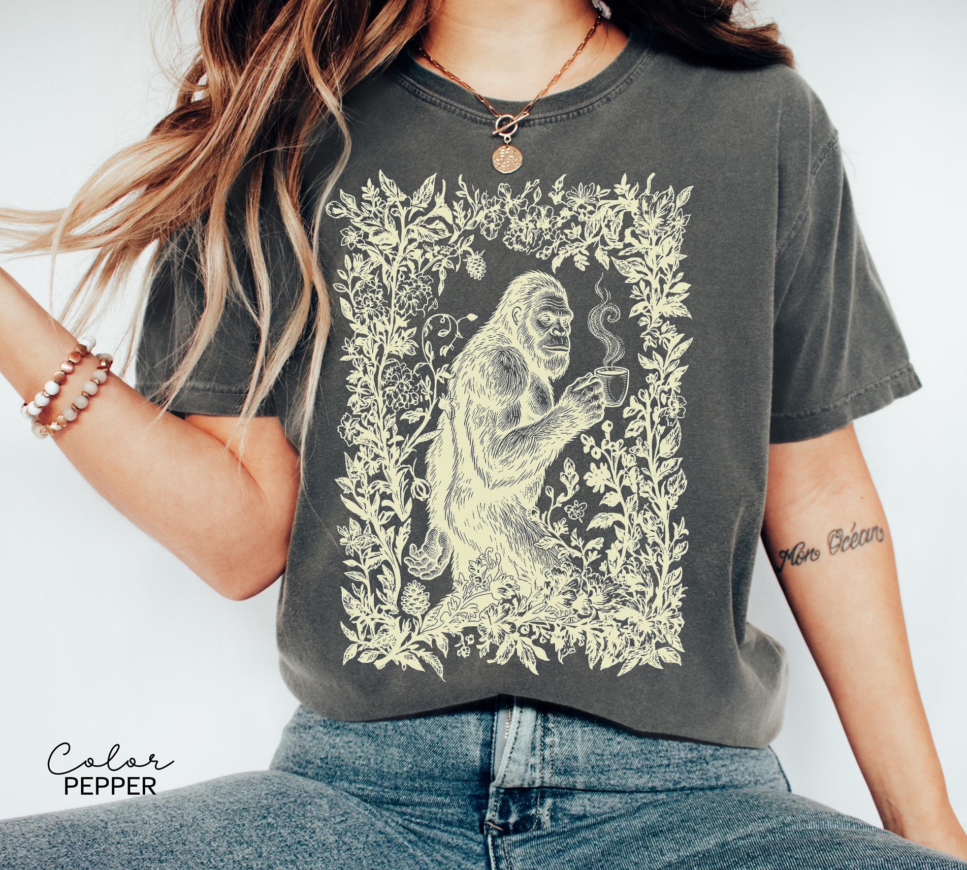 Big Foot Drinking Coffee Retro Nature Floral Tee