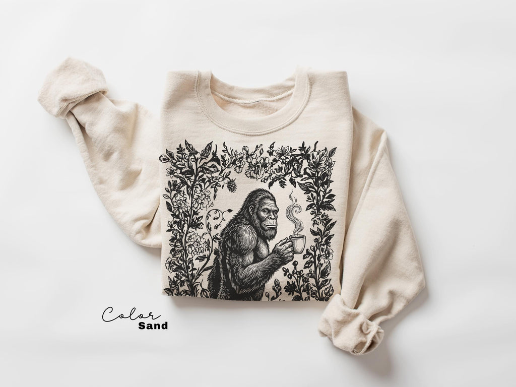 Big Foot Drinking Coffee Retro Nature Floral Tee