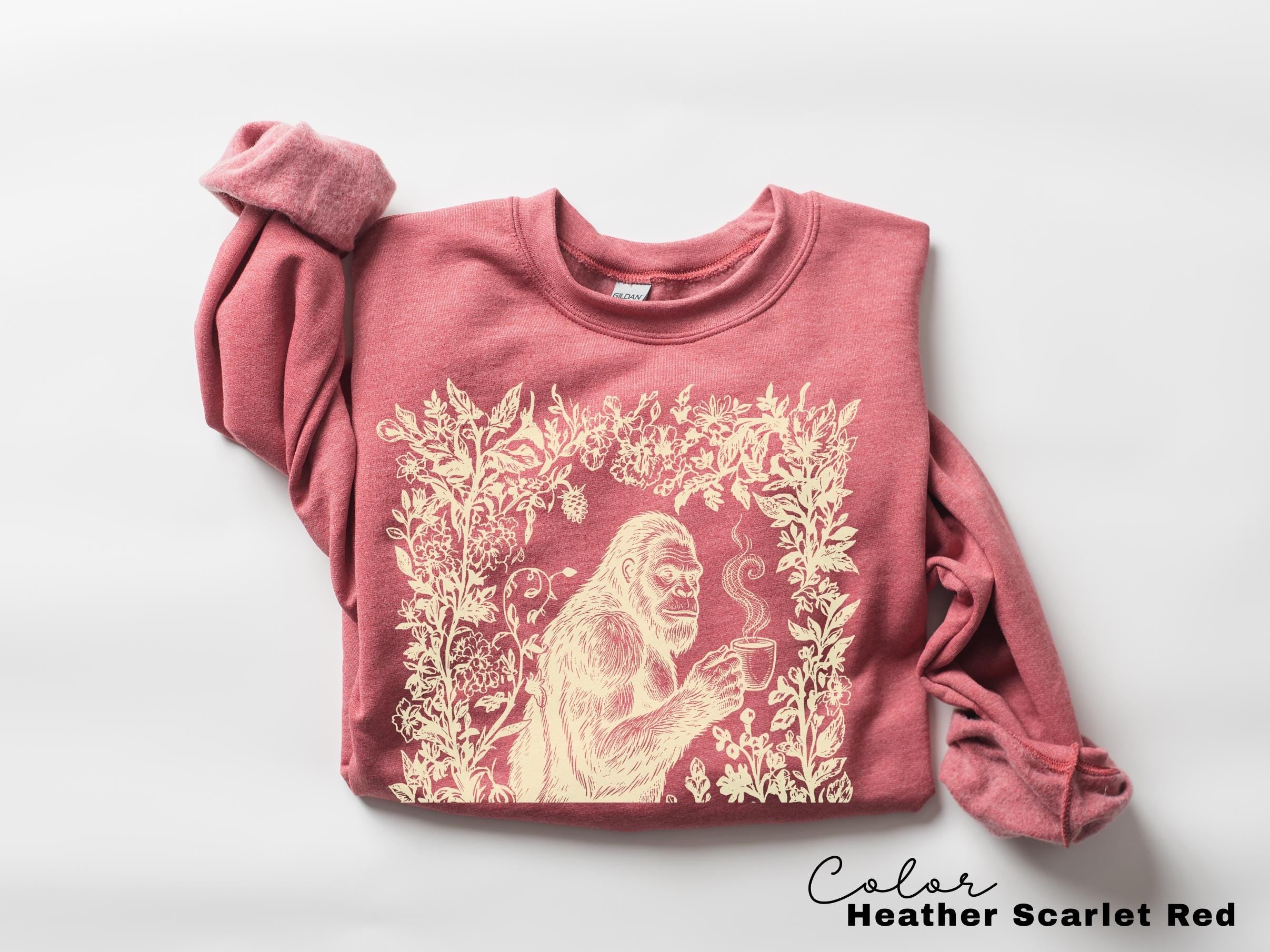 Big Foot Drinking Coffee Retro Nature Floral Tee