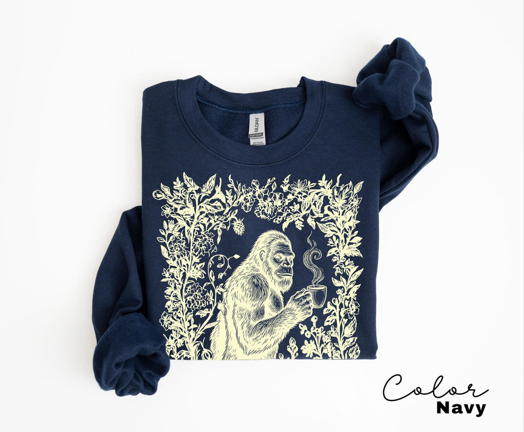 Big Foot Drinking Coffee Retro Nature Shirt, Floral Nature Tee, 90s Nature Outfit Crewneck, Americana Nostalgia