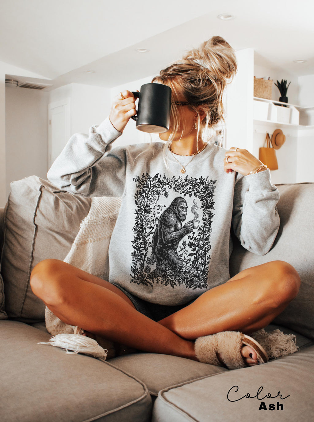 Big Foot Drinking Coffee Retro Nature Shirt, Floral Nature Tee, 90s Nature Outfit Crewneck, Americana Nostalgia