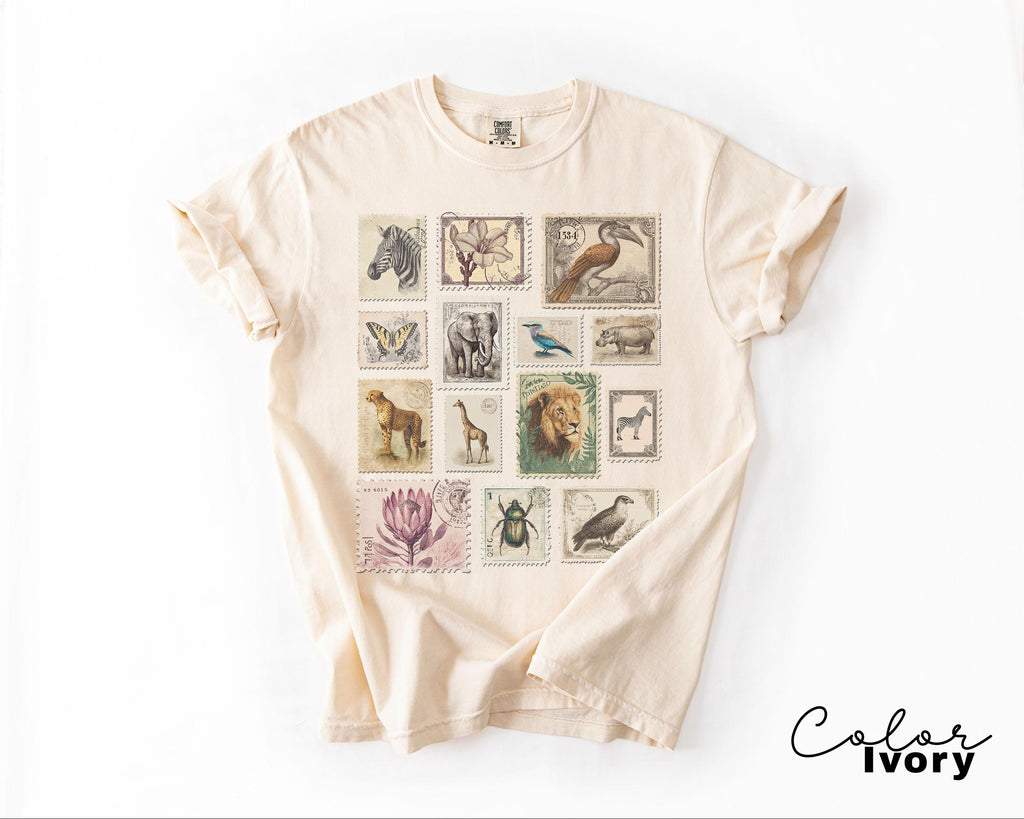Animal Stamp Shirt, Nature Postage Stamp T-Shirt, Cottagecore, Safari Animals, Retro Vintage Style