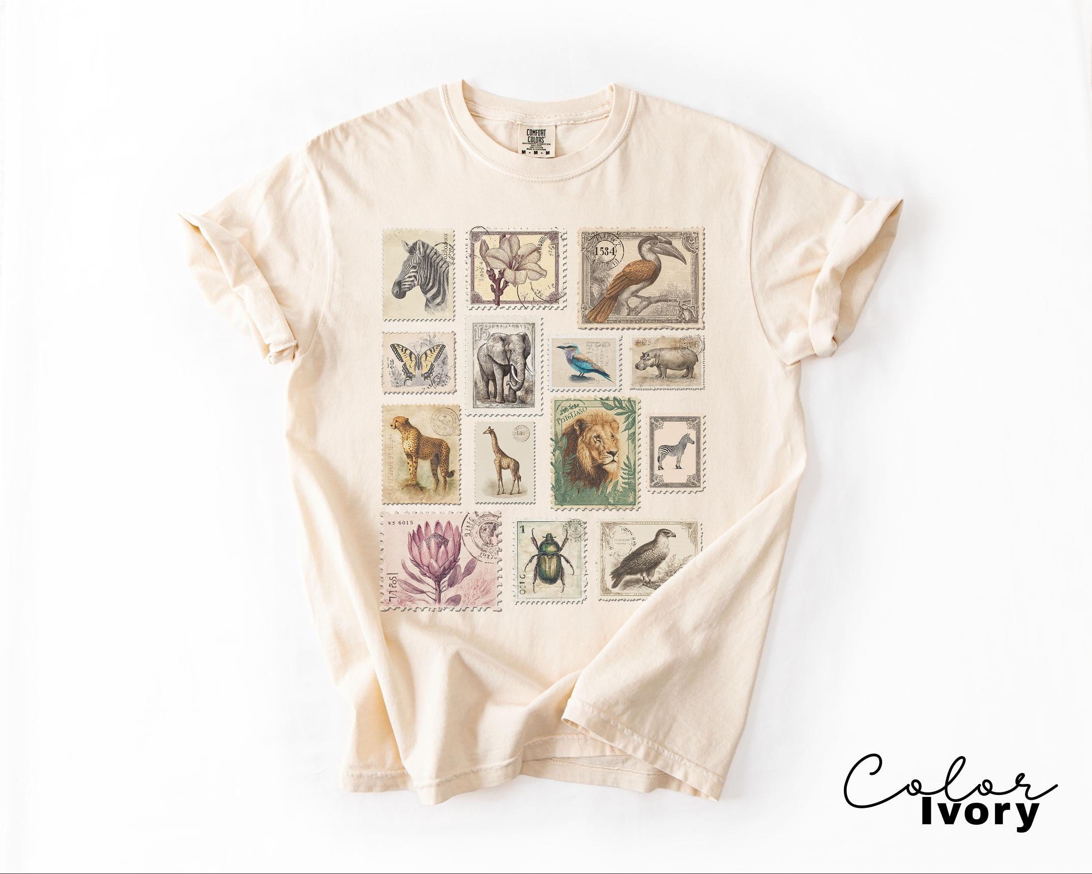 Animal Stamp Shirt, Nature Postage Stamp T-Shirt, Cottagecore, Safari Animals, Retro Vintage Style
