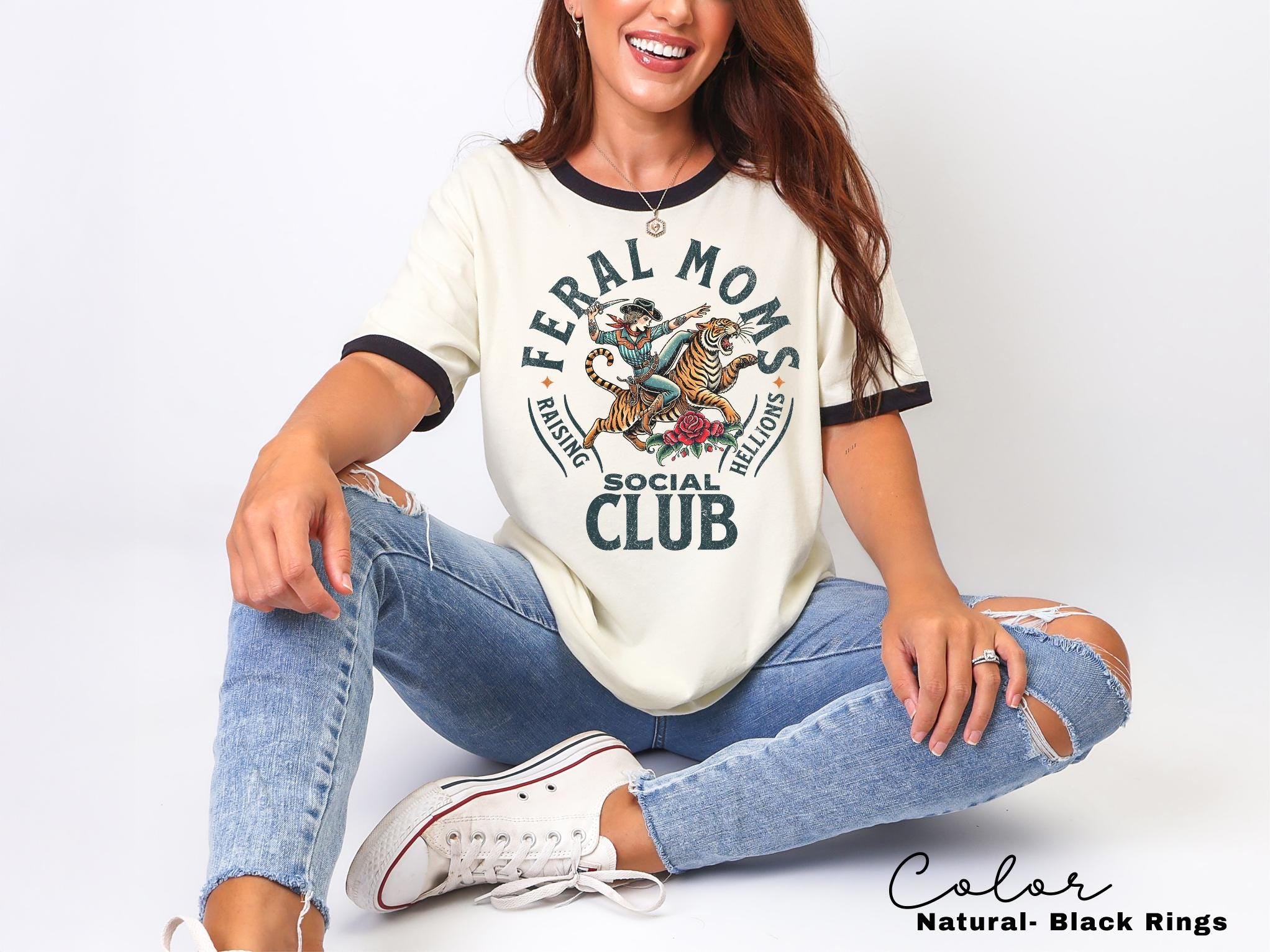 Feral Moms Social Club Retro Ringer Tee, Mom Life Vintage Style, Trendy Mom Ringer T-Shirt