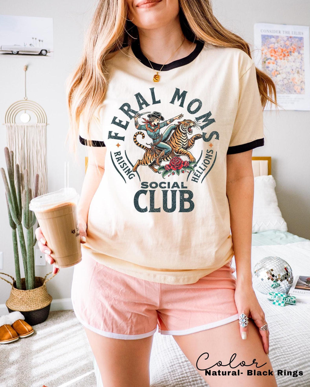 Feral Moms Social Club Retro Ringer Tee, Mom Life Vintage Style, Trendy Mom Ringer T-Shirt