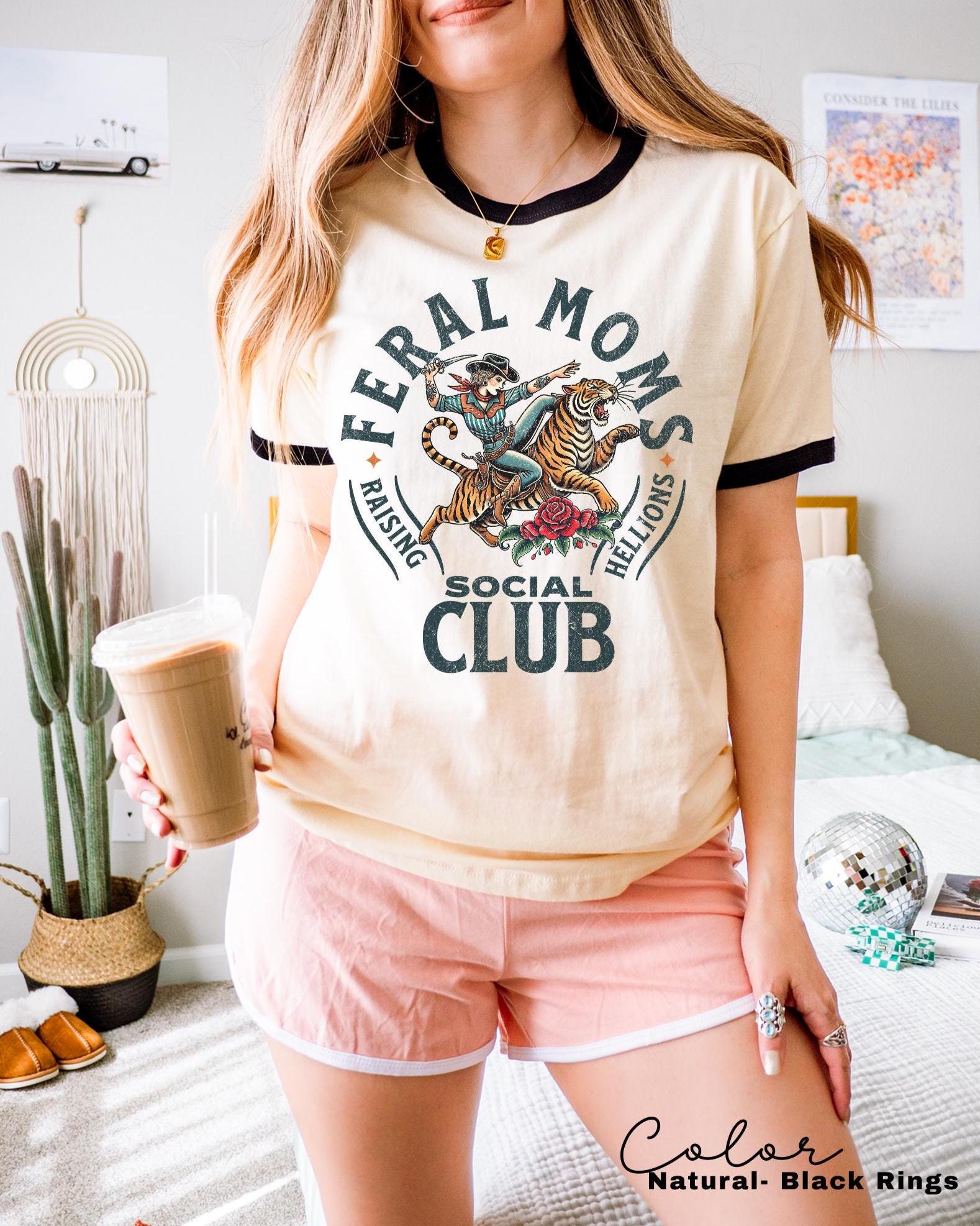 Feral Moms Social Club Retro Ringer Tee, Mom Life Vintage Style, Trendy Mom Ringer T-Shirt