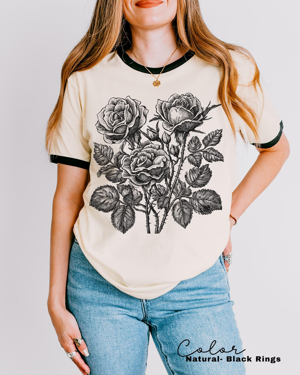 Retro Rose Ringer Shirt, Linocut Floral T-shirt, Cottagecore Boho Botanical, Dark Academia Flower