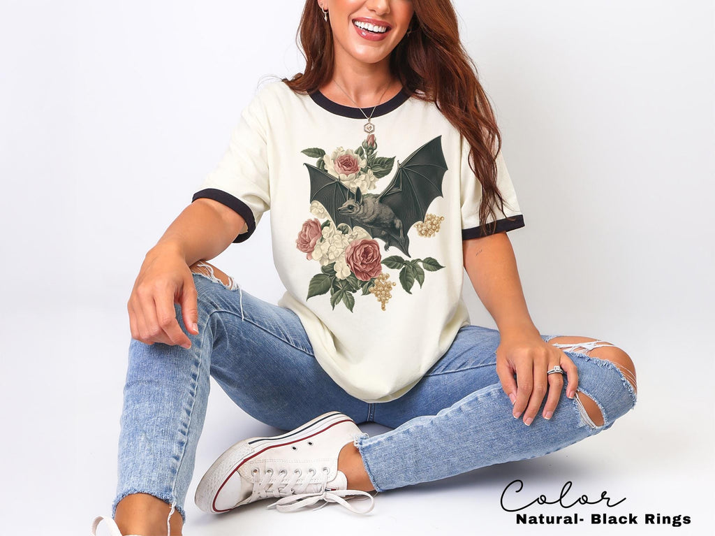 Dark Academia Bat Retro Ringer Shirt, Gothic Cottagecore Graphic Tee, Bats 90s T Shirt, Goblincore
