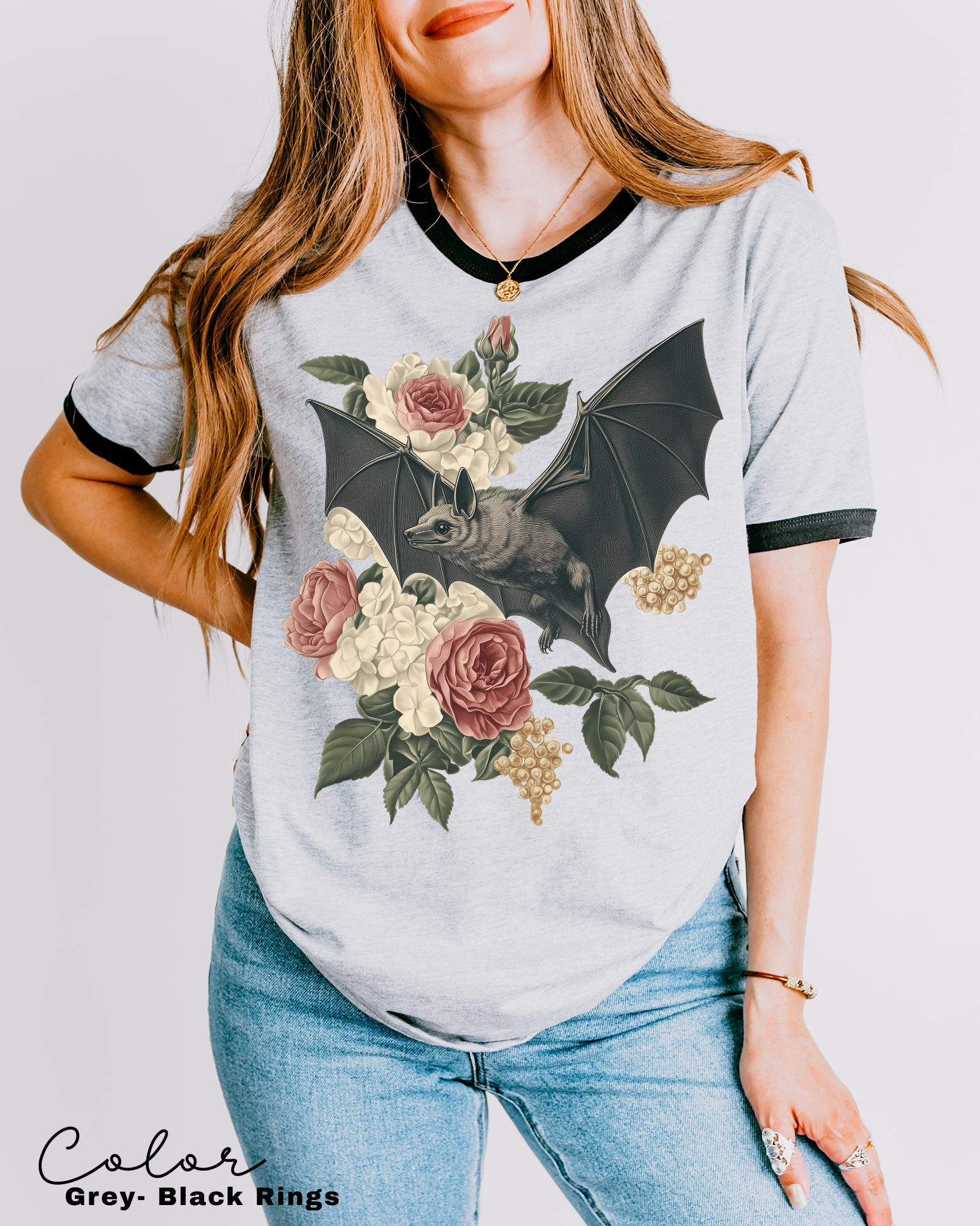 Dark Academia Bat Retro Ringer Shirt, Gothic Cottagecore Graphic Tee, Bats 90s T Shirt, Goblincore