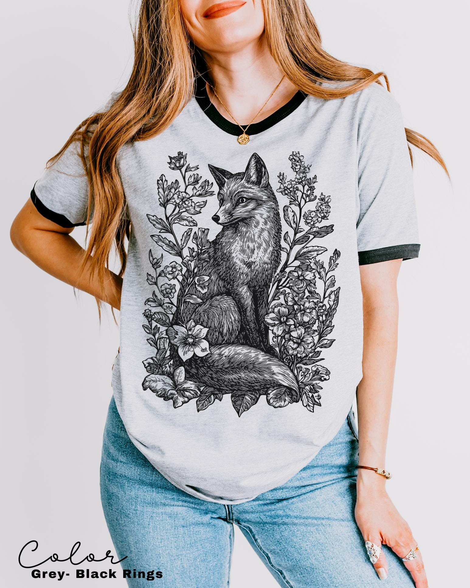 Retro Fox Ringer Shirt, Cottagecore Linocut Floral, Folk Art Forest Animal Sweatshirt, Woodland Aesthetic Top