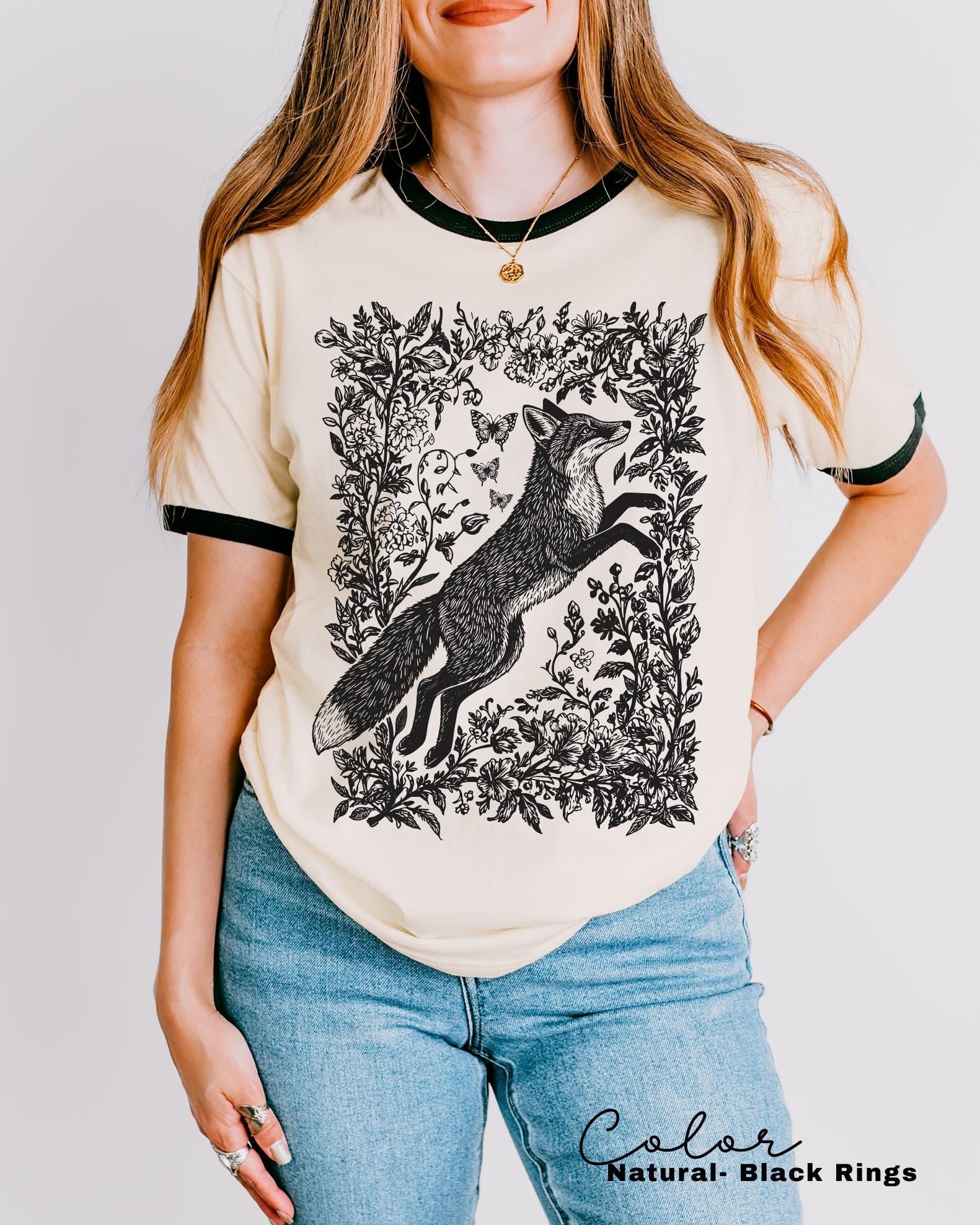 Retro Fox Ringer Shirt, Cottagecore Linocut Floral, Folk Art Forest Animal Sweatshirt, Woodland Aesthetic Top