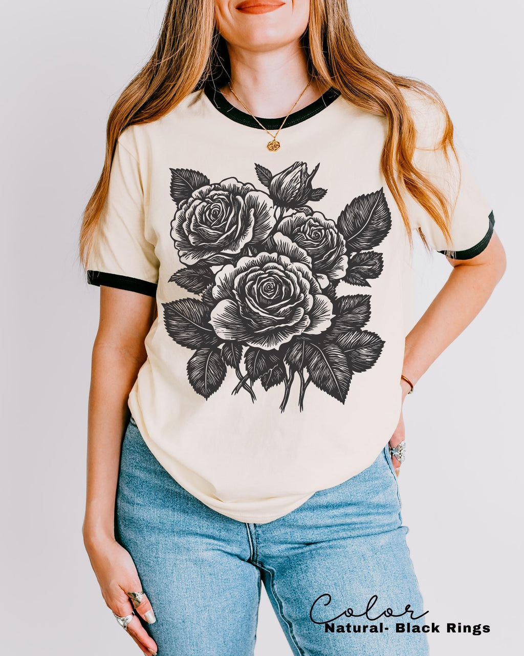 Retro Rose Ringer Shirt, Linocut Floral T-shirt, Cottagecore Boho Botanical, Dark Academia Flower