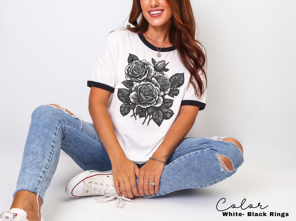 Retro Rose Ringer Shirt, Linocut Floral T-shirt, Cottagecore Boho Botanical, Dark Academia Flower