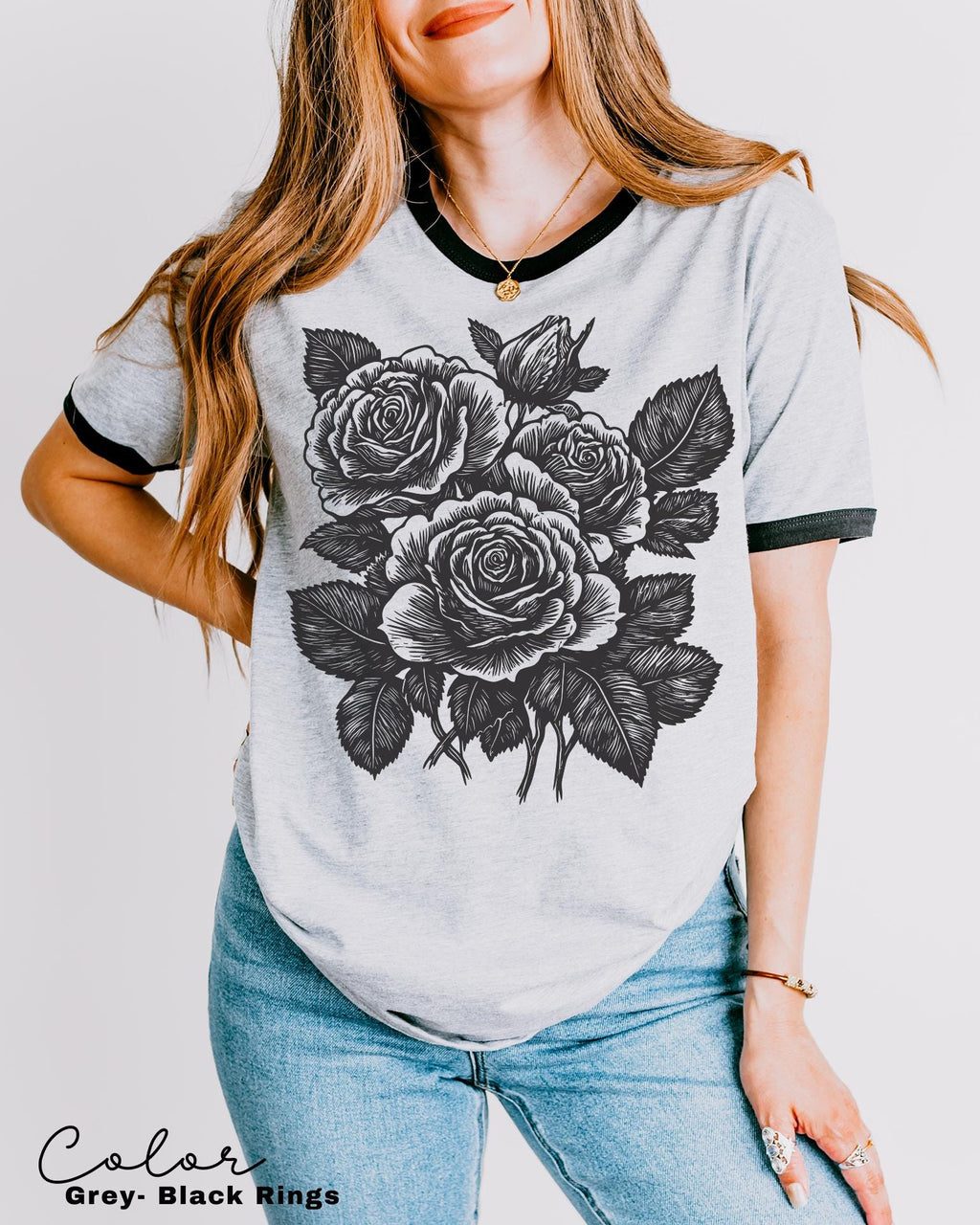 Retro Rose Ringer Shirt, Linocut Floral T-shirt, Cottagecore Boho Botanical, Dark Academia Flower