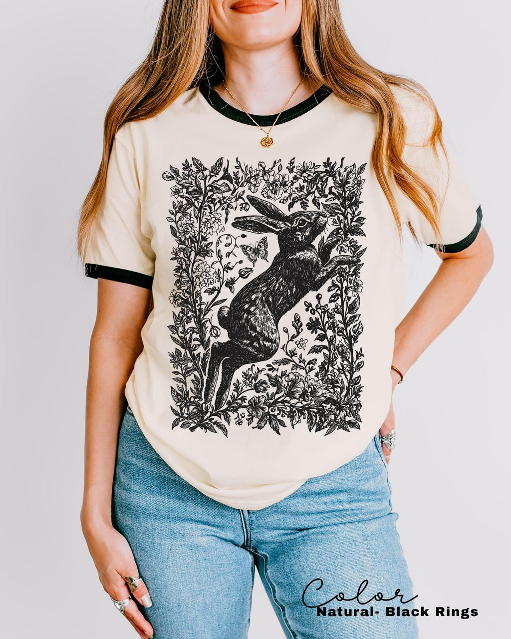 Retro Rabbit Ringer Shirt, Wild Hare t-shirt, Folk Art Forest Animal TShirt, Woodland Aesthetic Top, Cottagecore
