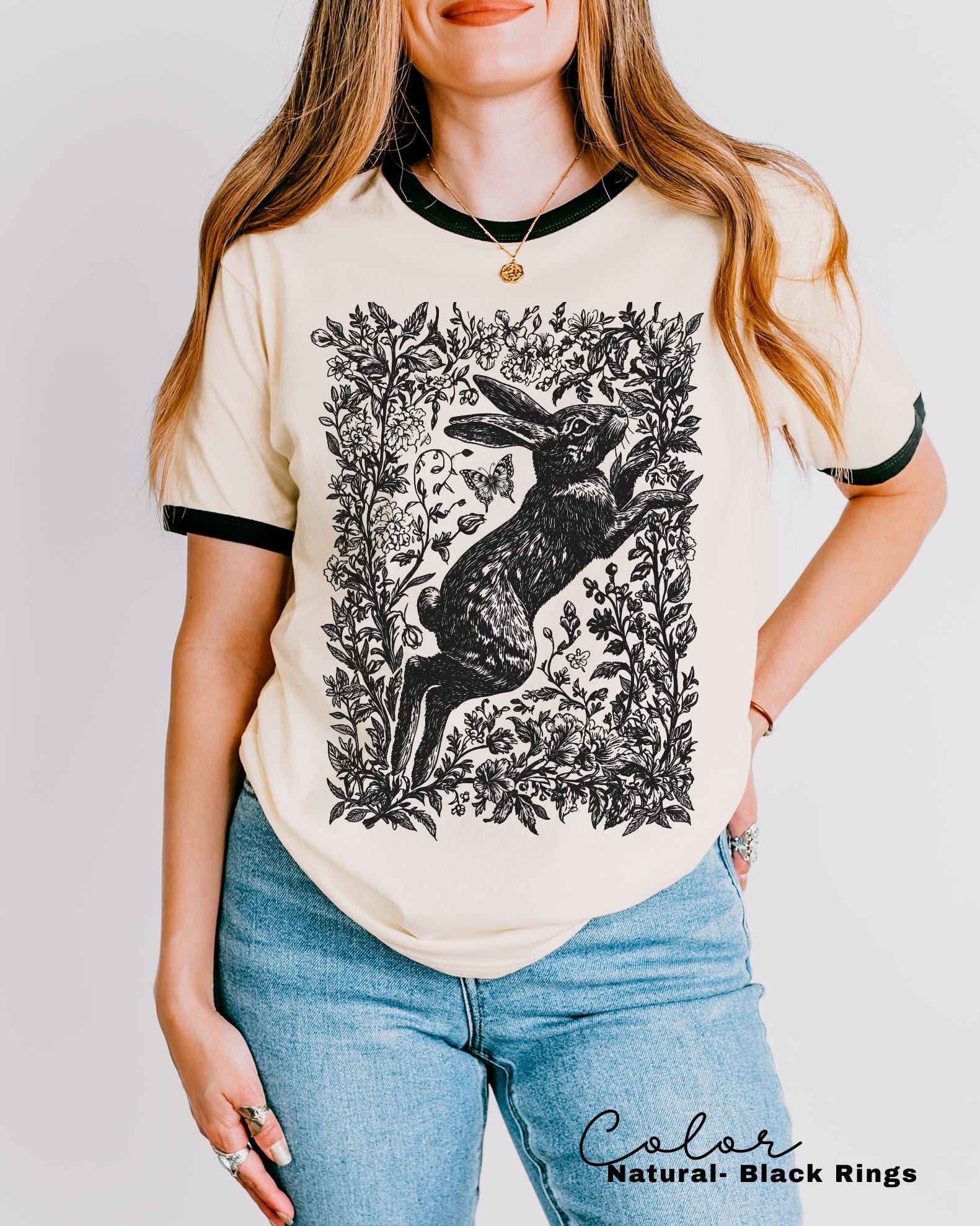 Retro Rabbit Ringer Shirt, Wild Hare t-shirt, Folk Art Forest Animal TShirt, Woodland Aesthetic Top, Cottagecore
