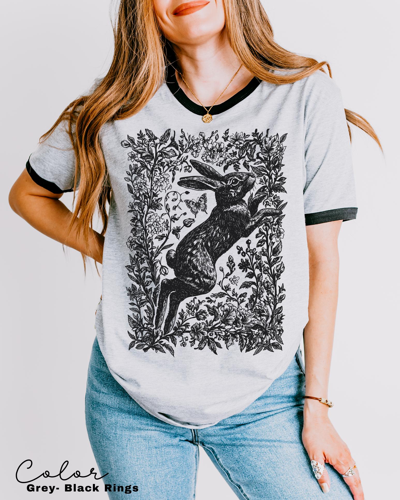 Retro Rabbit Ringer Shirt, Wild Hare t-shirt, Folk Art Forest Animal TShirt, Woodland Aesthetic Top, Cottagecore