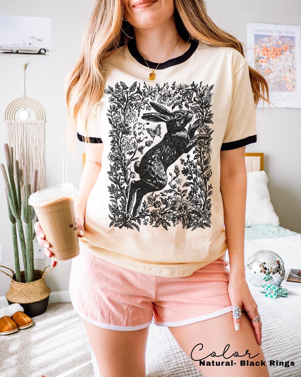 Retro Rabbit Ringer Shirt, Wild Hare t-shirt, Folk Art Forest Animal TShirt, Woodland Aesthetic Top, Cottagecore