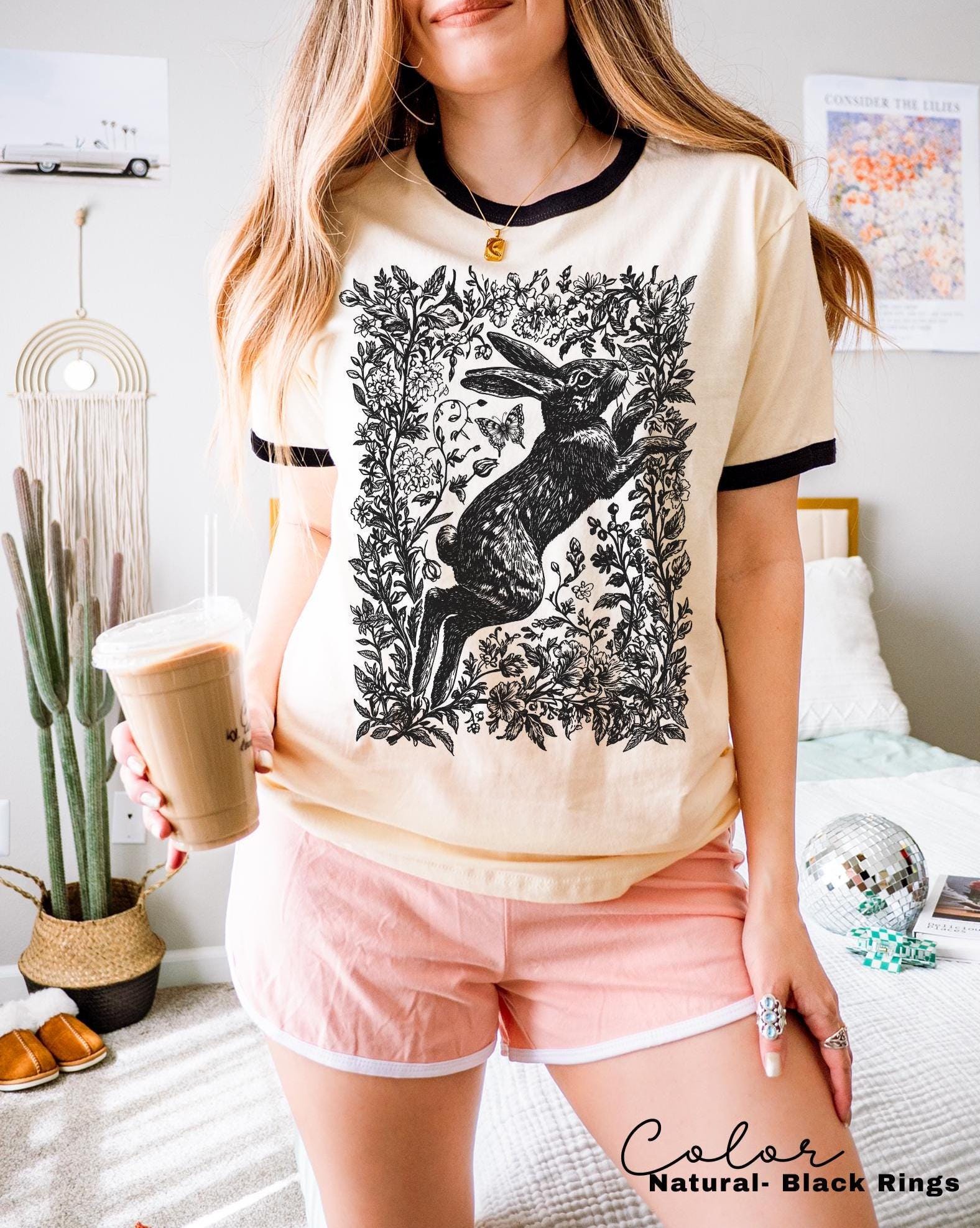 Retro Rabbit Ringer Shirt, Wild Hare t-shirt, Folk Art Forest Animal TShirt, Woodland Aesthetic Top, Cottagecore