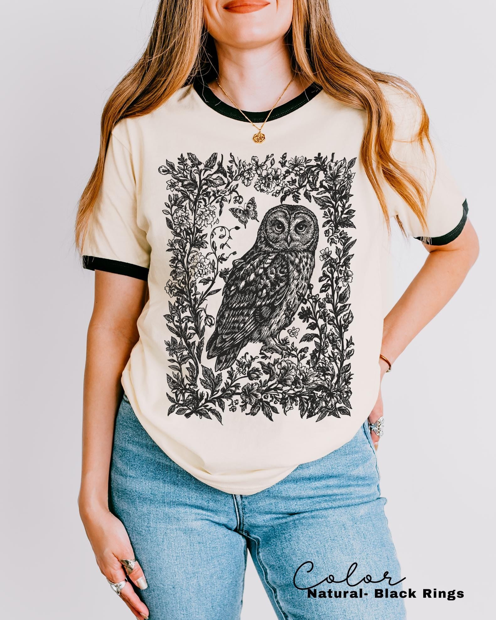 Cottagecore Owl Ringer Shirt, Cottagecore Floral Sweatshirt, Folk Art Forest Animal TShirt, Woodland Aesthetic Top