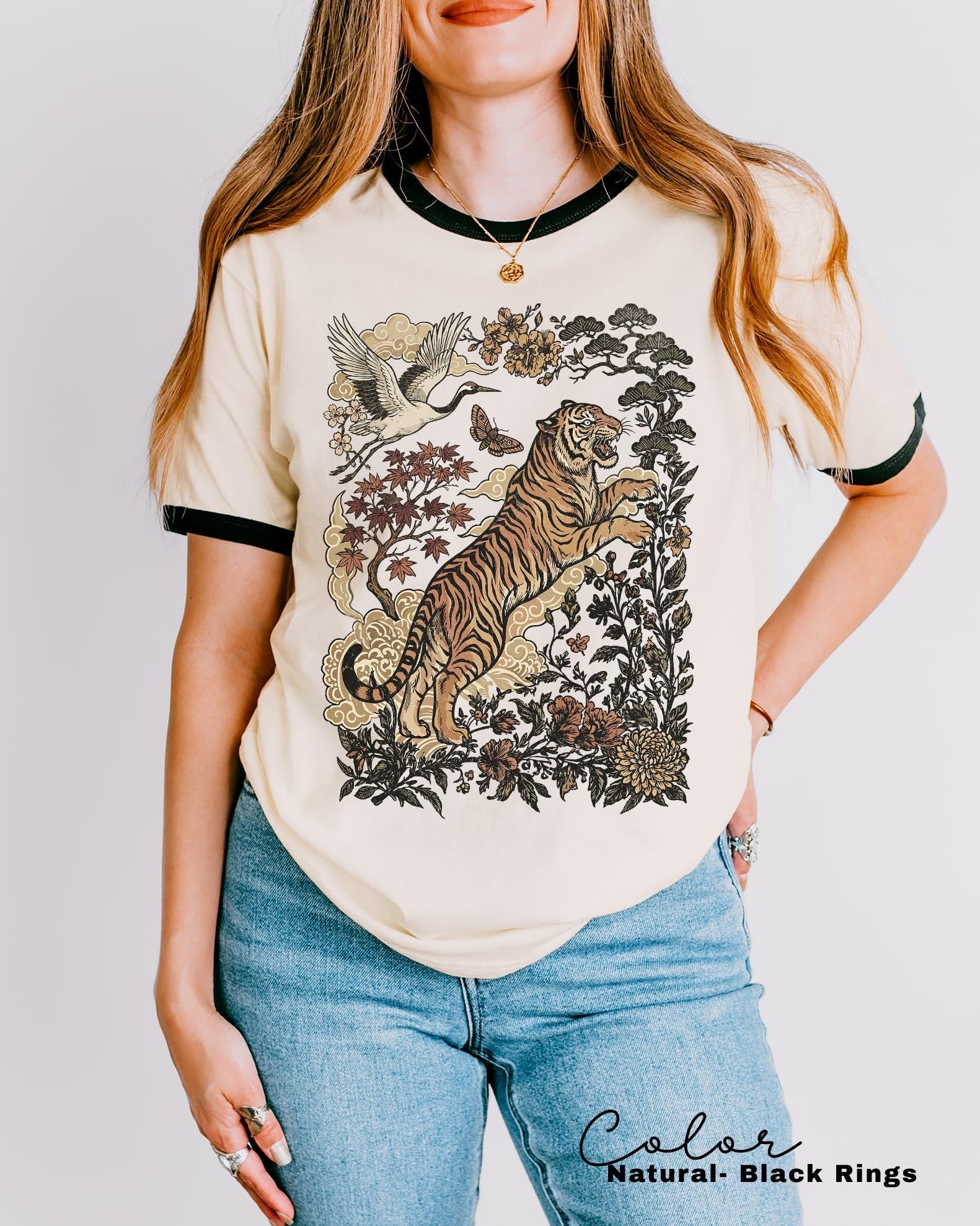 Retro Tiger Ringer T-Shirt, Animal Gift for Tiger Lover, Wild Cat Sweatshirt, Linocut Style, Boho, Cottagecore