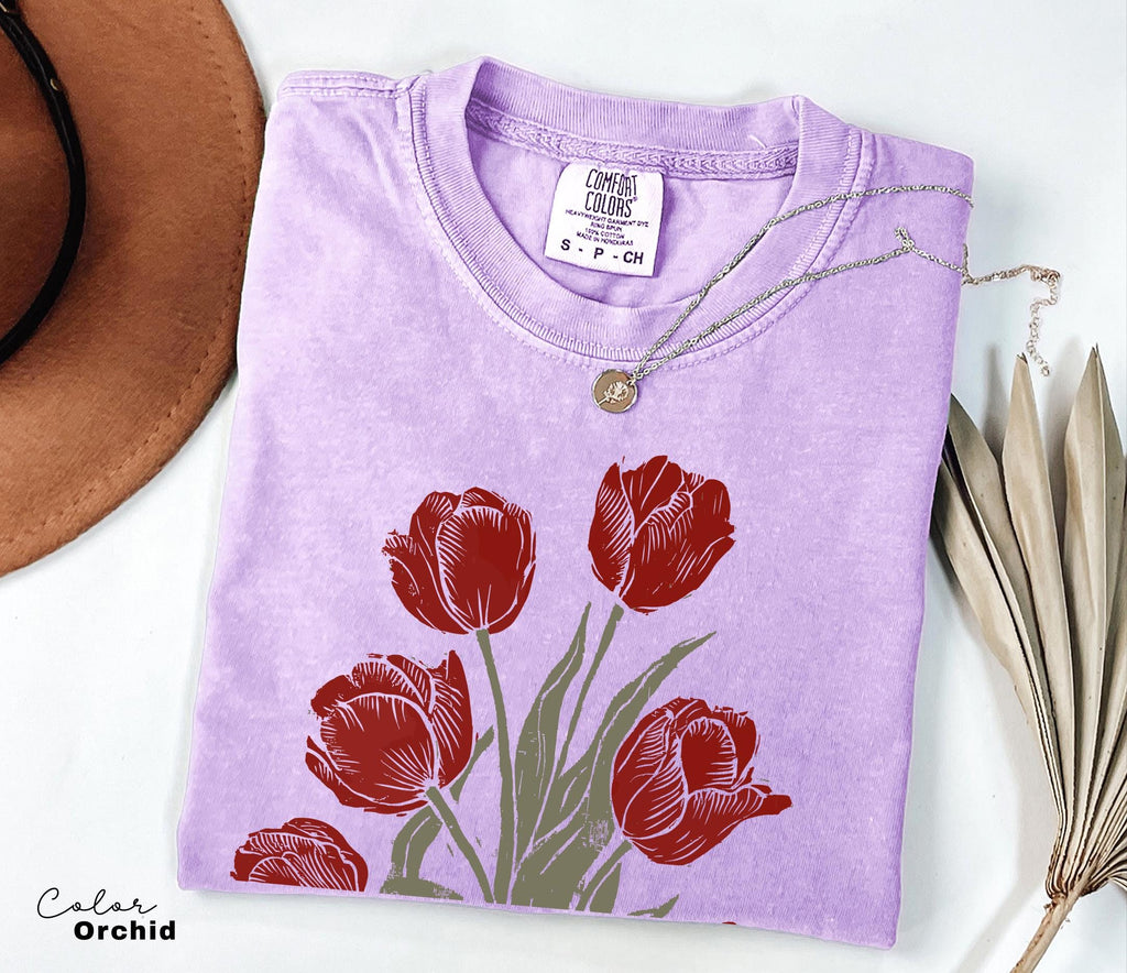 Tulip Flower Shirt Comfort Colors, Wildflowers Shirt, Cottagecore Floral Tee, Botanical Shirt, Nature Aesthetic Tee, April Birth Flower Gift