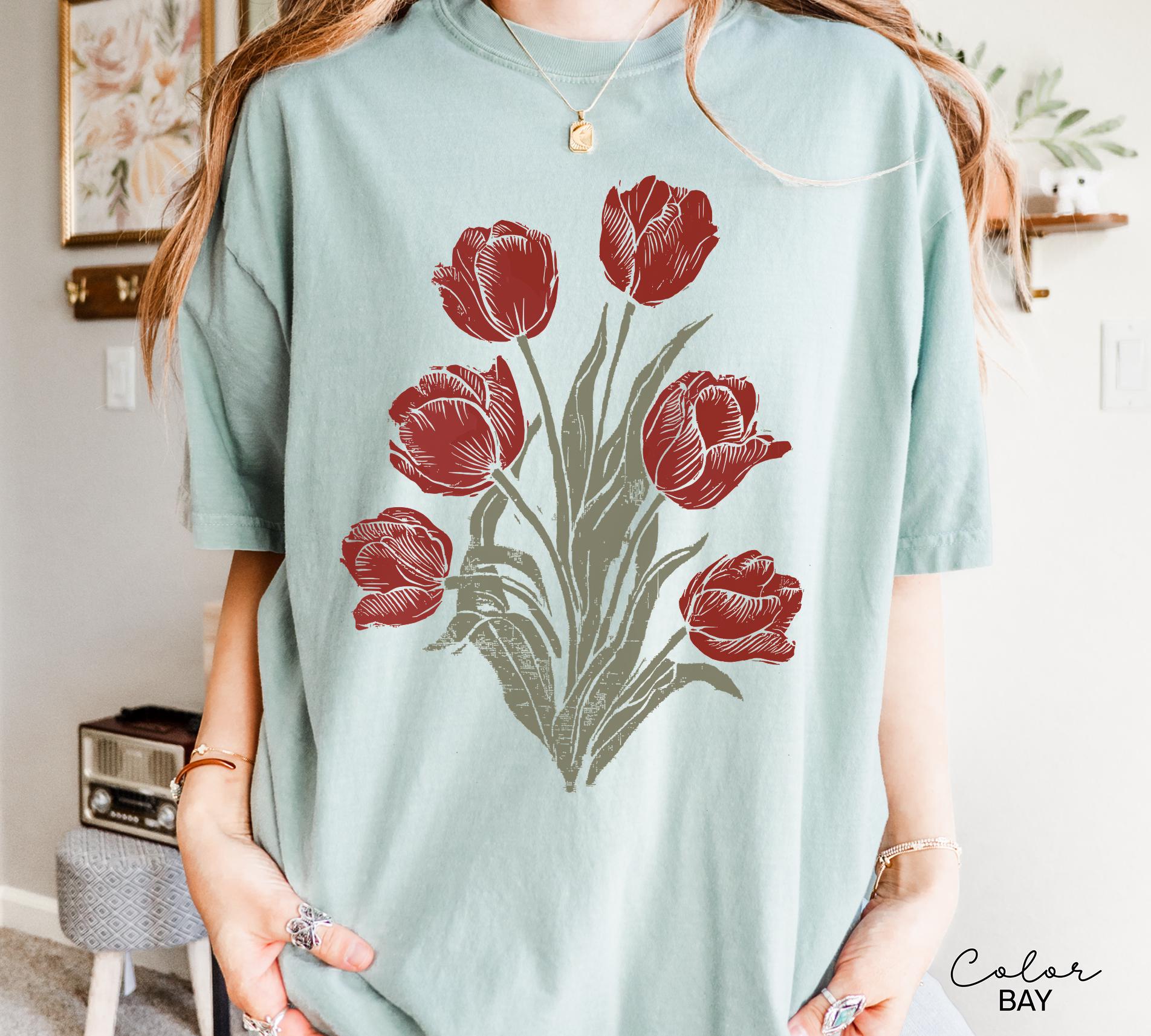 Tulip Flower Shirt Comfort Colors, Wildflowers Shirt, Cottagecore Floral Tee, Botanical Shirt, Nature Aesthetic Tee, April Birth Flower Gift