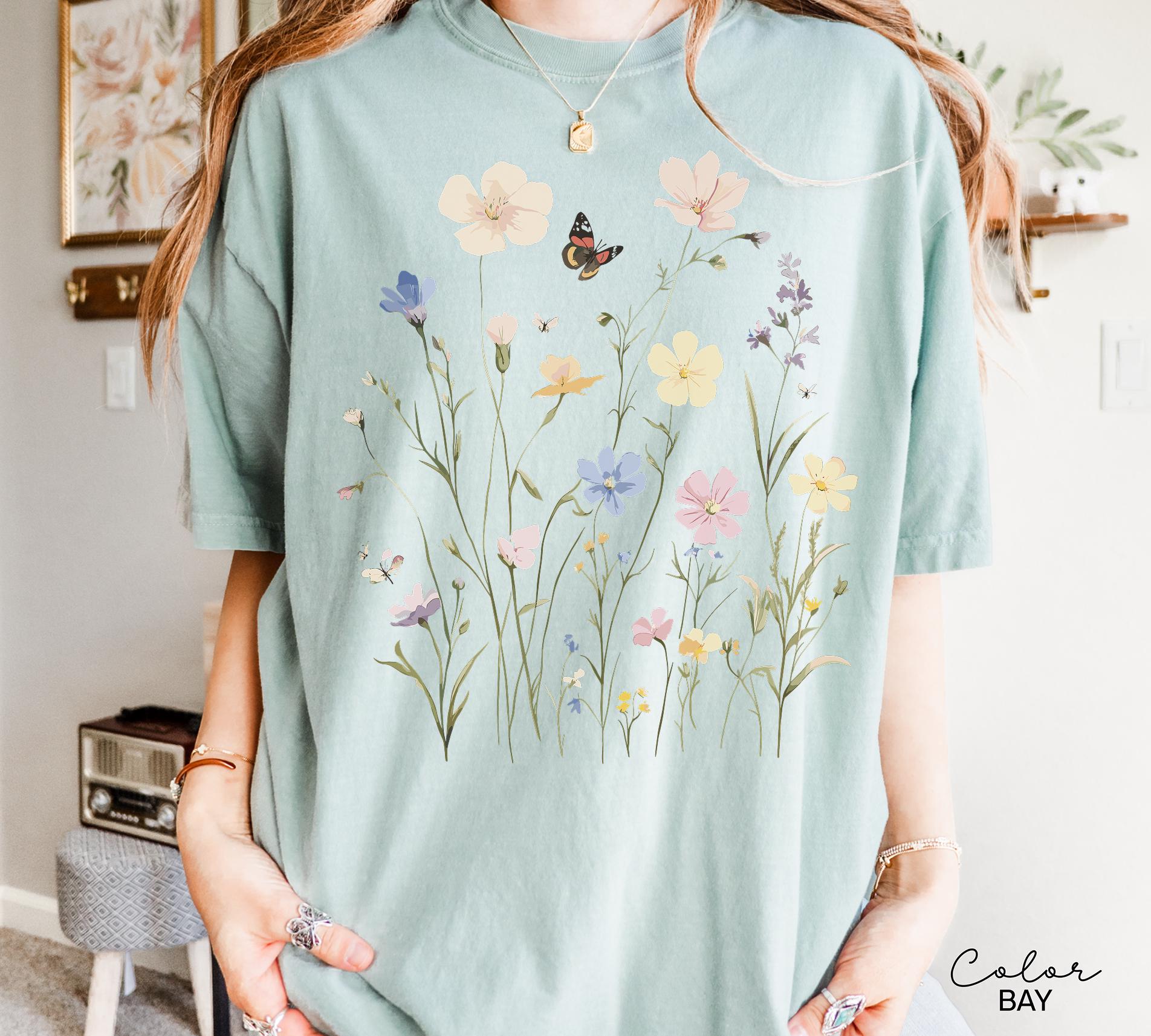 Vintage Wildflower Botanical Graphic Tee, Retro Cottagecore Comfort Colors T-Shirt, Garden Flower Shirt