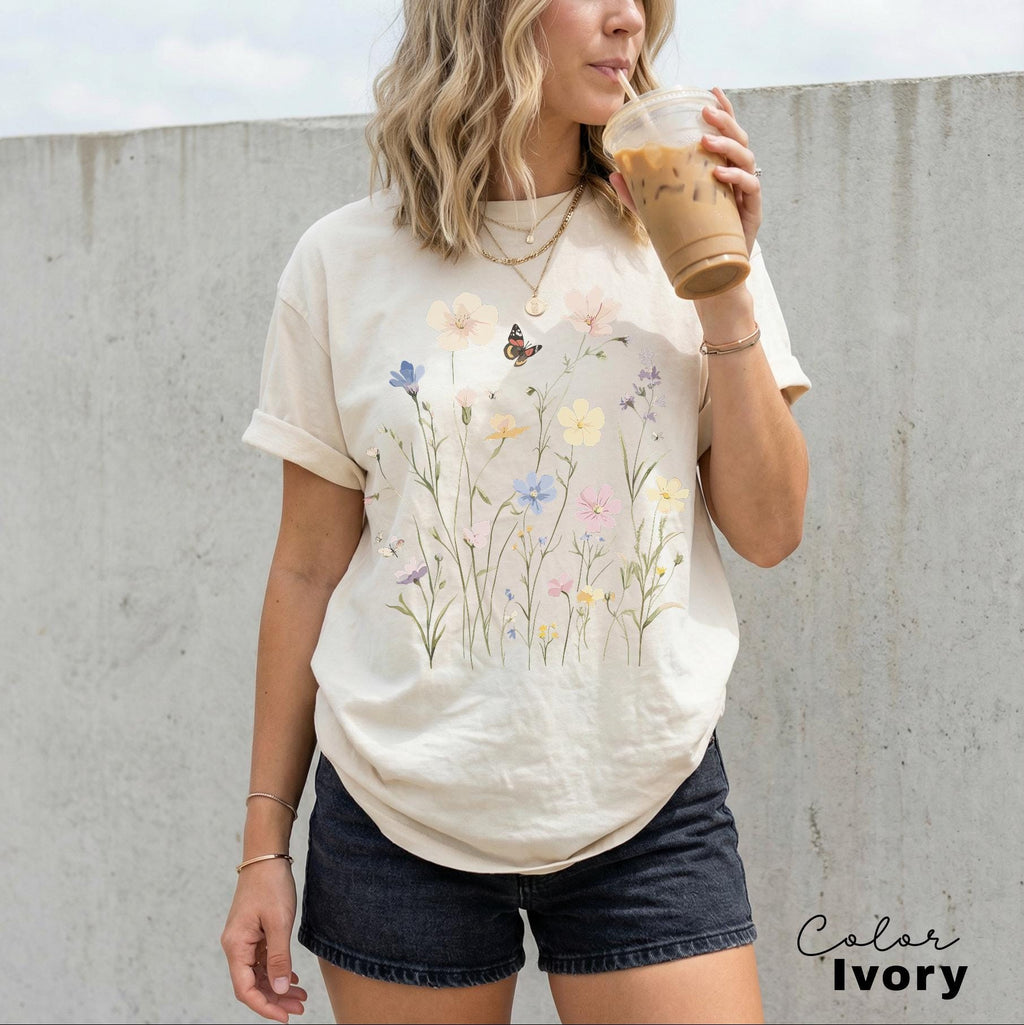 Vintage Wildflower Botanical Graphic Tee, Retro Cottagecore Comfort Colors T-Shirt, Garden Flower Shirt
