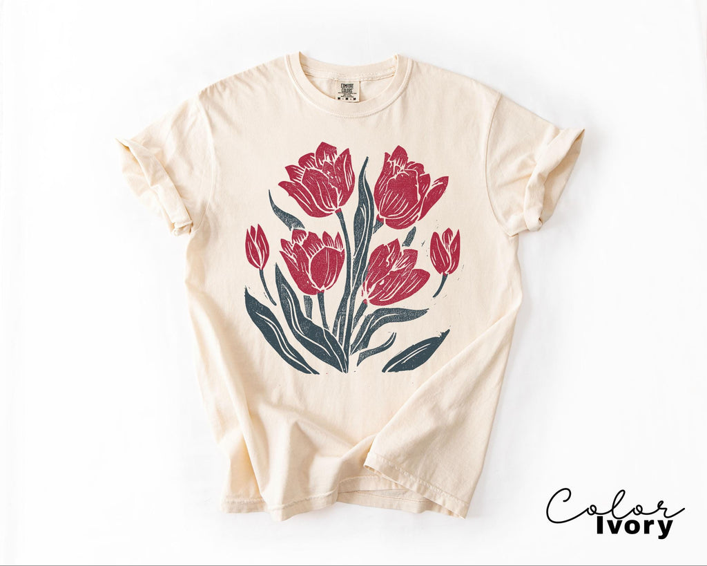 Retro Linocut Tee, Comfort Colors Flower Shirt, Spring Summer Floral Tee, Botanical, Cottagecore