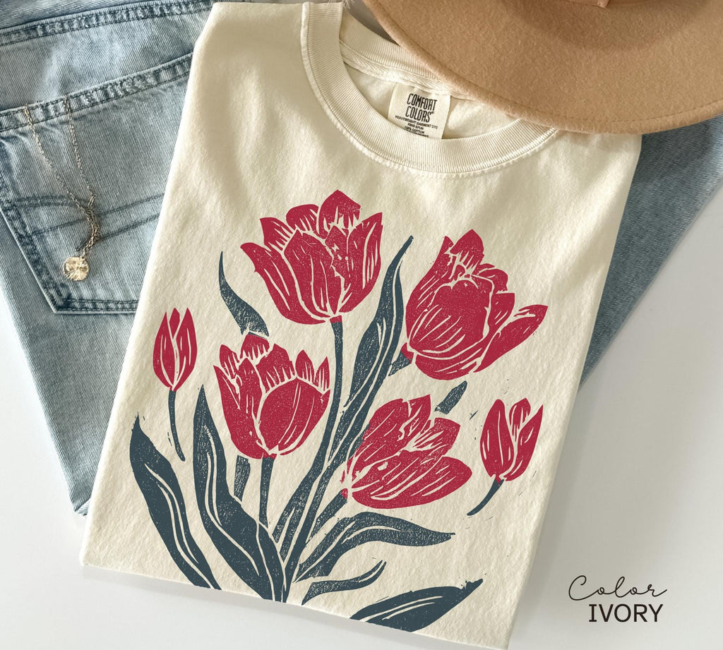 Retro Linocut Tee, Comfort Colors Flower Shirt, Spring Summer Floral Tee, Botanical, Cottagecore