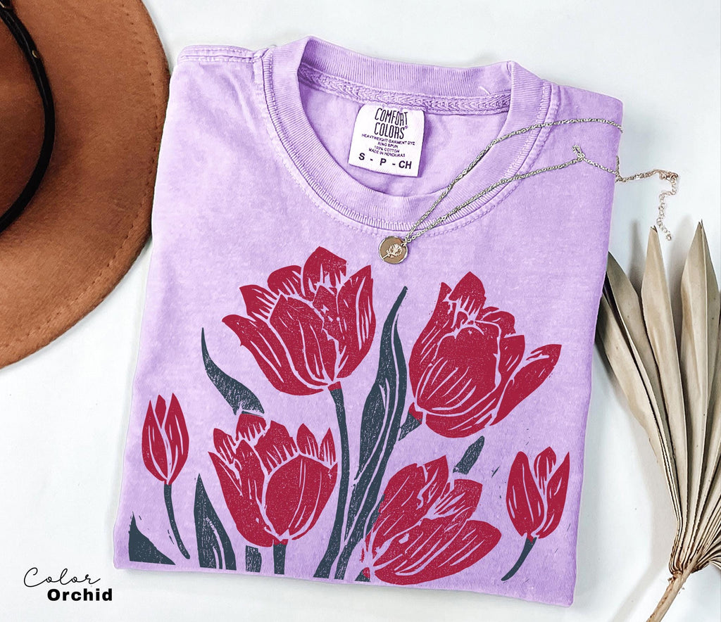 Retro Linocut Tee, Comfort Colors Flower Shirt, Spring Summer Floral Tee, Botanical, Cottagecore