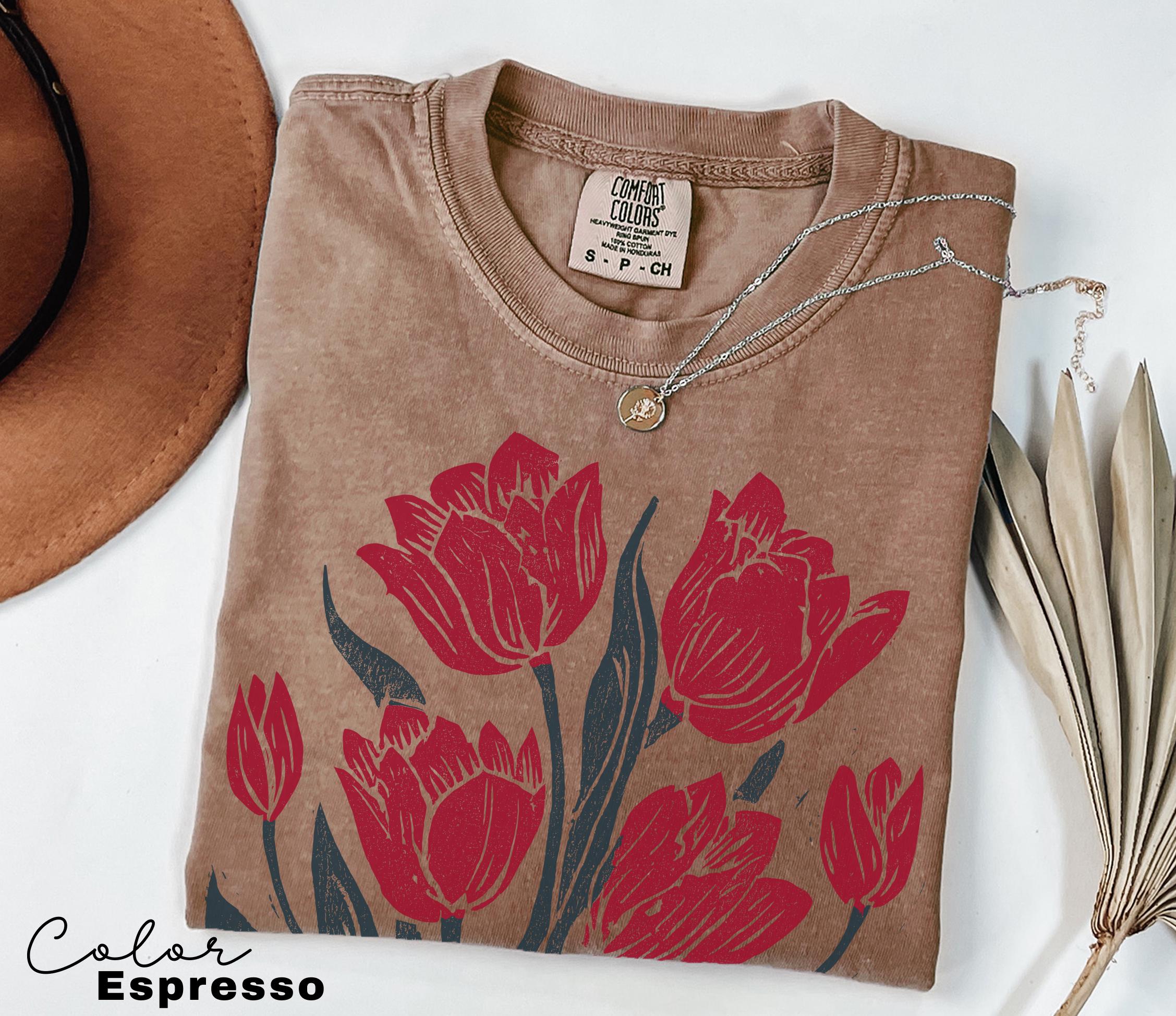 Retro Linocut Tee, Comfort Colors Flower Shirt, Spring Summer Floral Tee, Botanical, Cottagecore