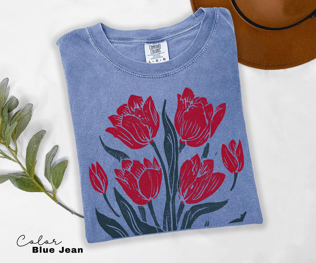 Retro Linocut Tee, Comfort Colors Flower Shirt, Spring Summer Floral Tee, Botanical, Cottagecore