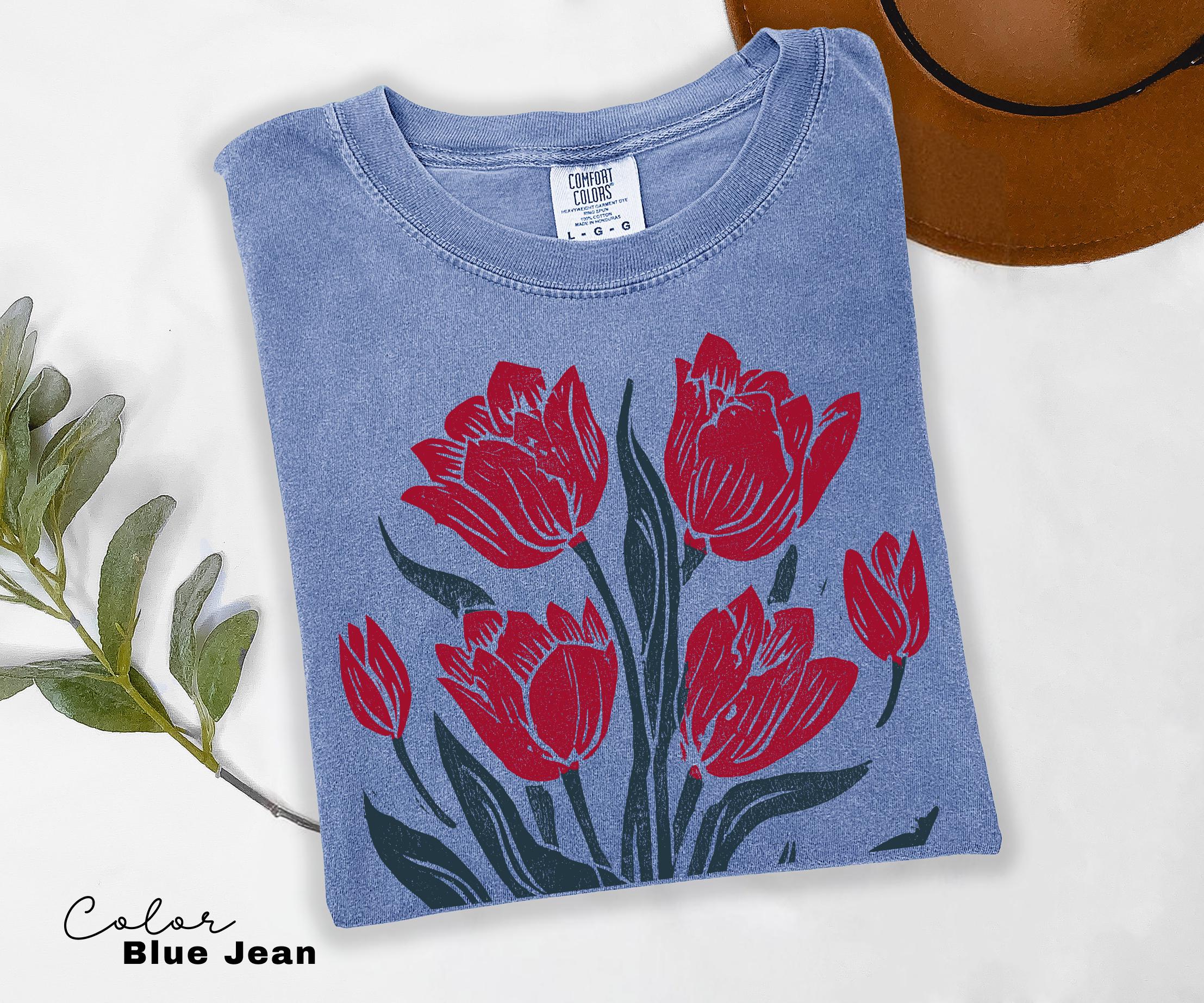 Retro Linocut Tee, Comfort Colors Flower Shirt, Spring Summer Floral Tee, Botanical, Cottagecore