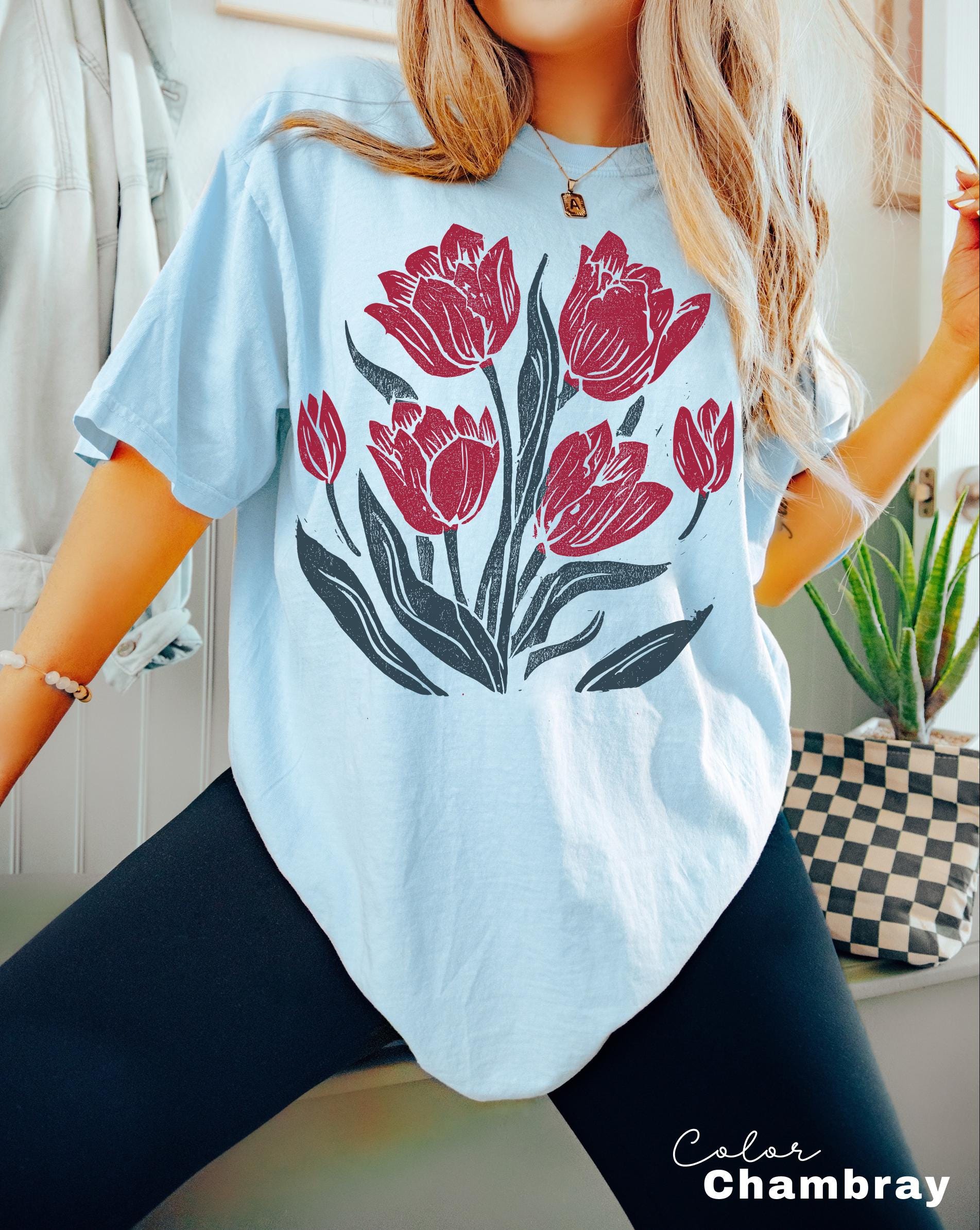 Retro Linocut Tee, Comfort Colors Flower Shirt, Spring Summer Floral Tee, Botanical, Cottagecore