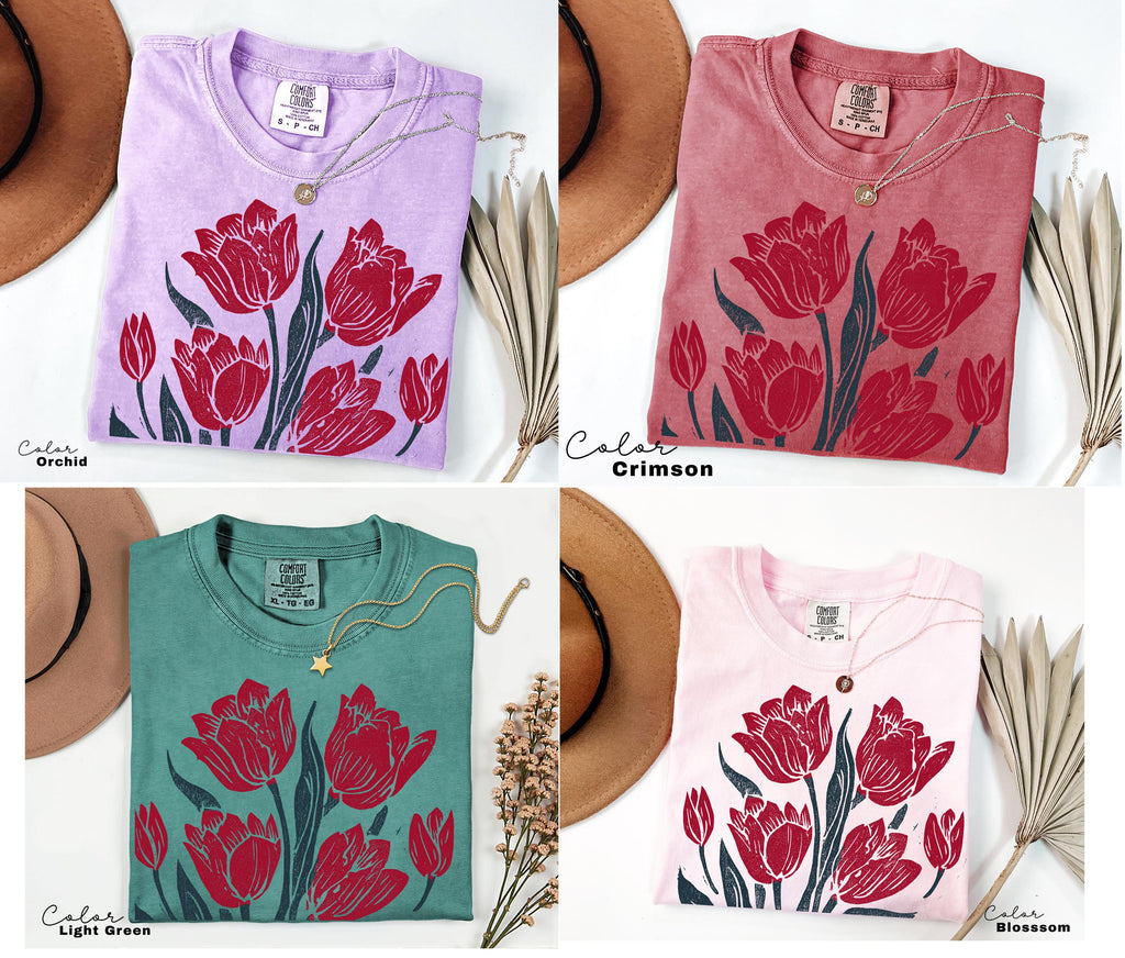 Retro Linocut Tee, Comfort Colors Flower Shirt, Spring Summer Floral Tee, Botanical, Cottagecore