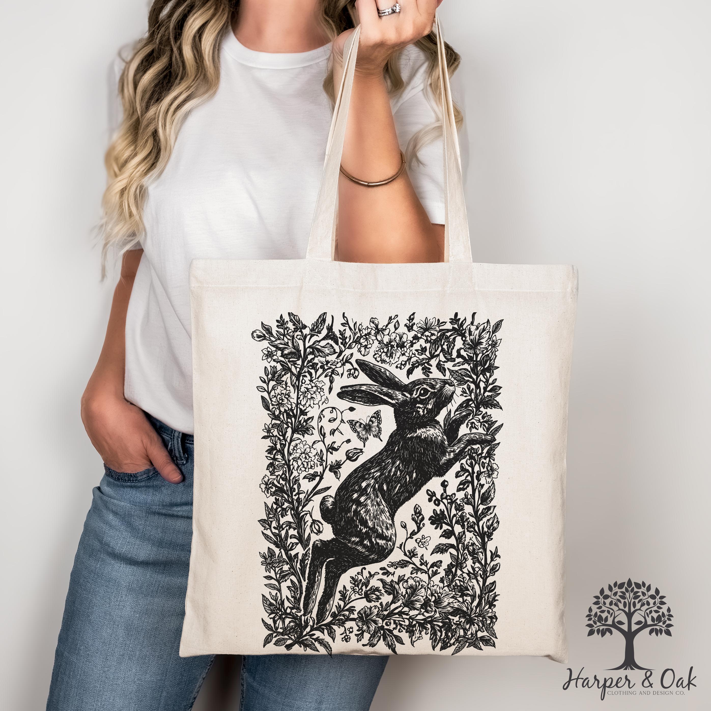 Rabbit Floral Tote Bag, Cottagecore, Nature Lover Canvas Bag