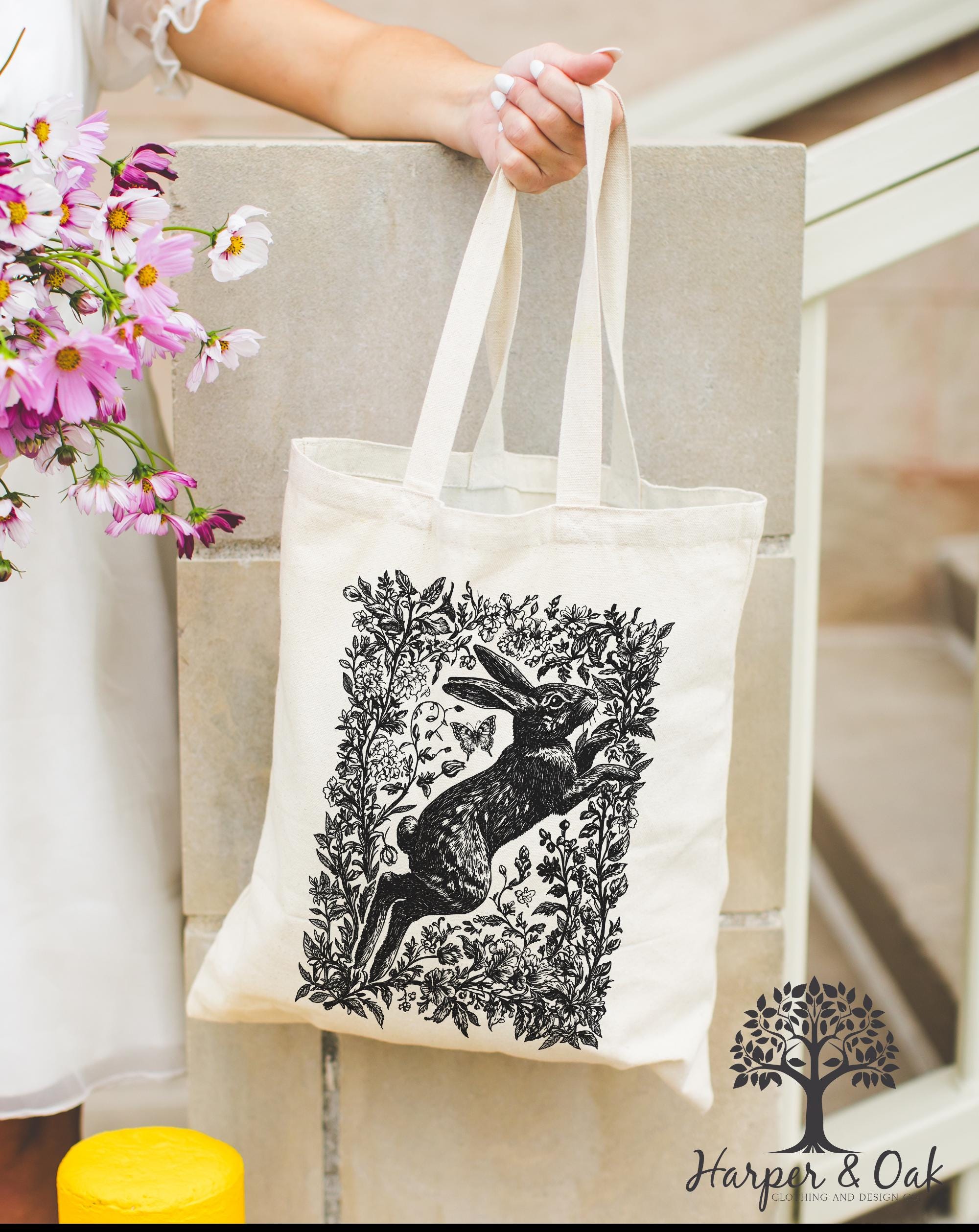 Rabbit Floral Tote Bag, Cottagecore, Nature Lover Canvas Bag