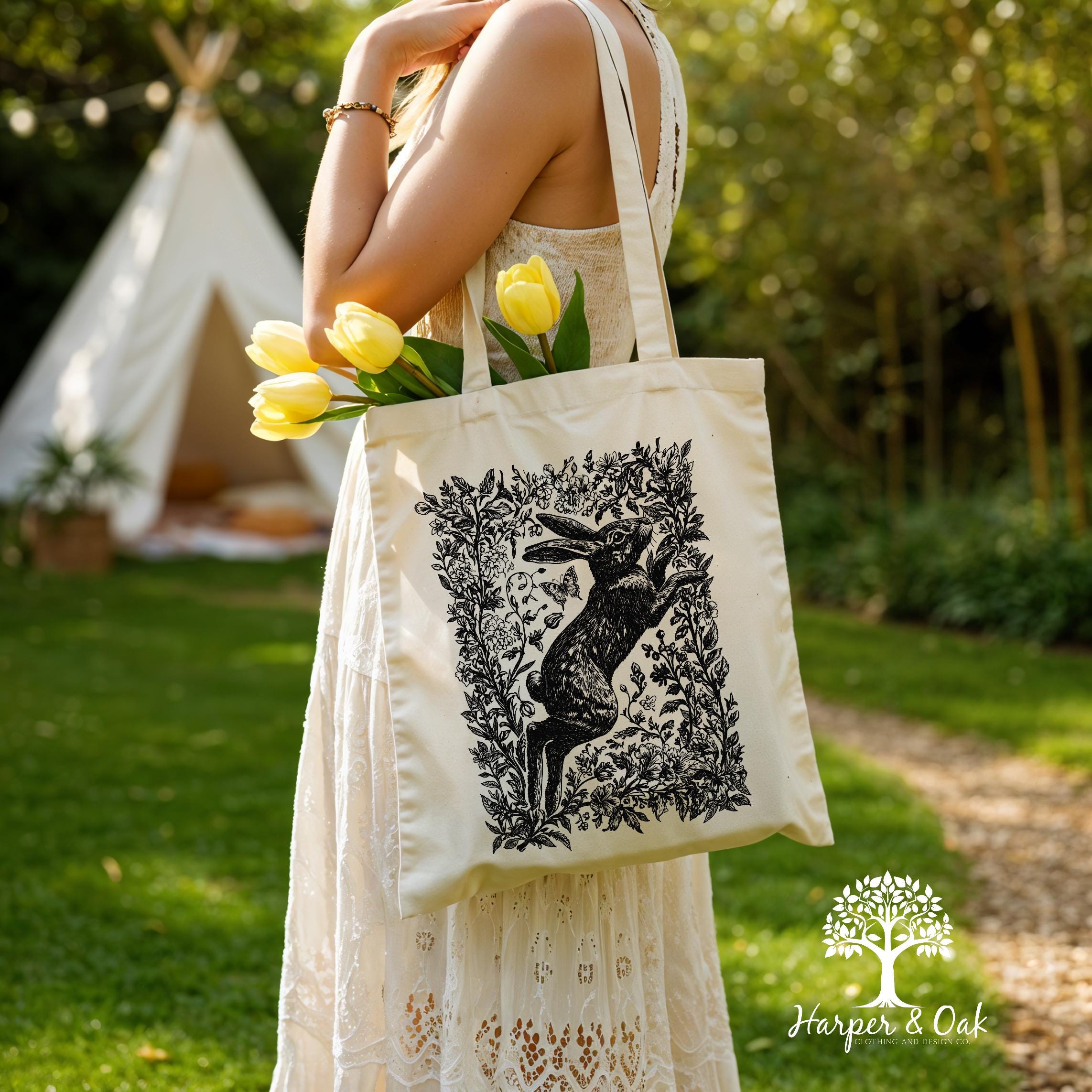 Rabbit Floral Tote Bag, Cottagecore, Nature Lover Canvas Bag