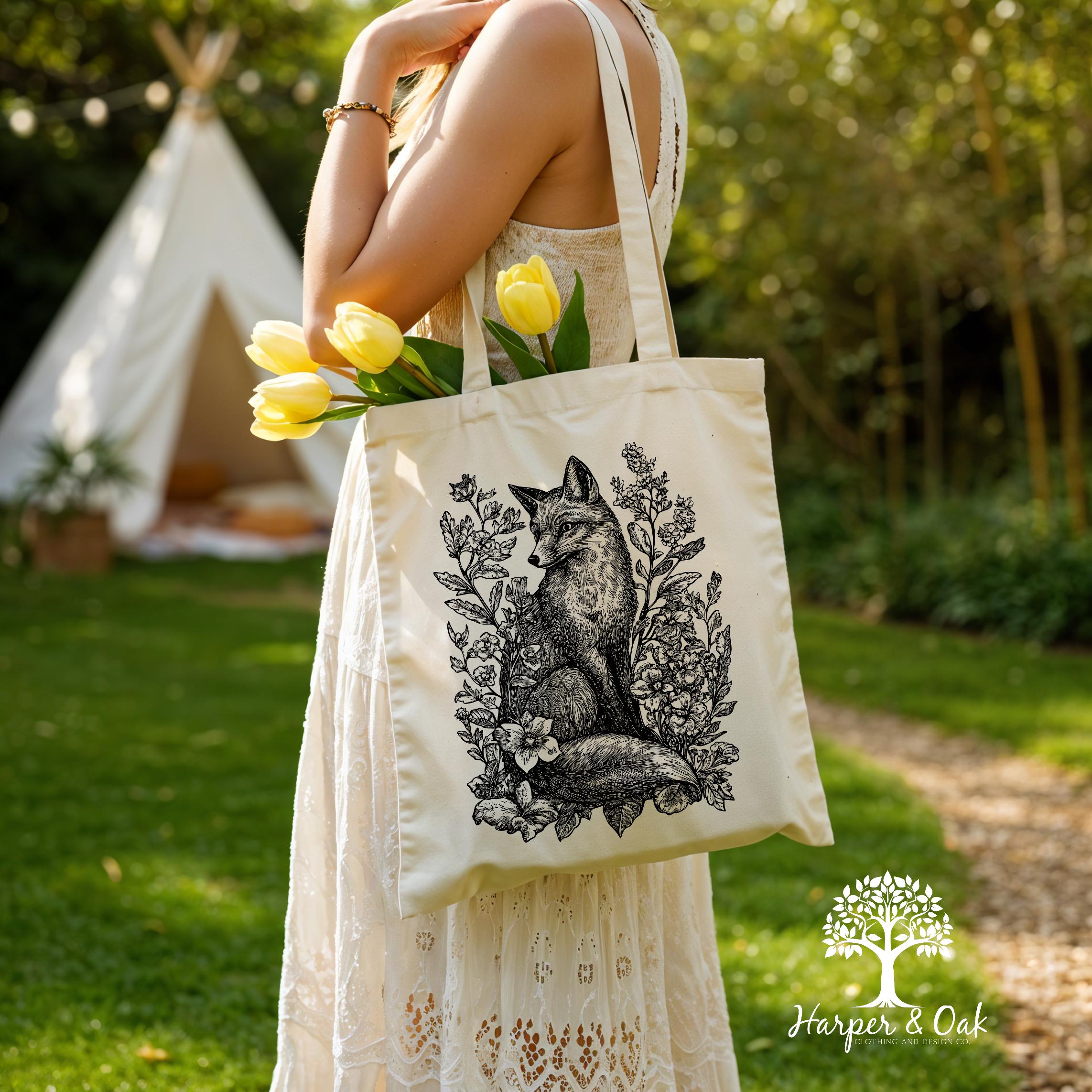 Fox Floral Tote Bag, Cottagecore Nature Lover, Spring Tote Bag