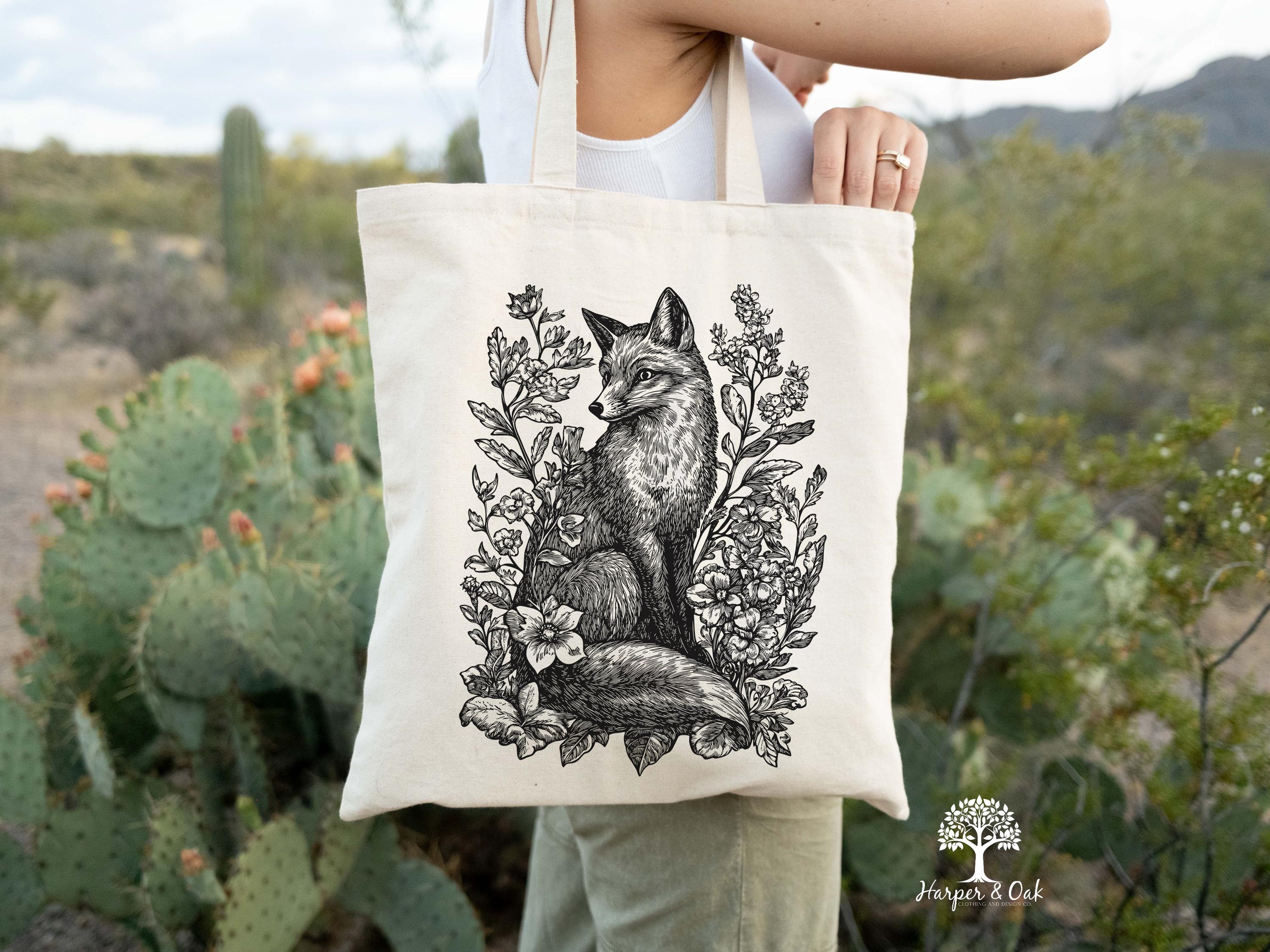 Fox Floral Tote Bag, Cottagecore Nature Lover, Spring Tote Bag