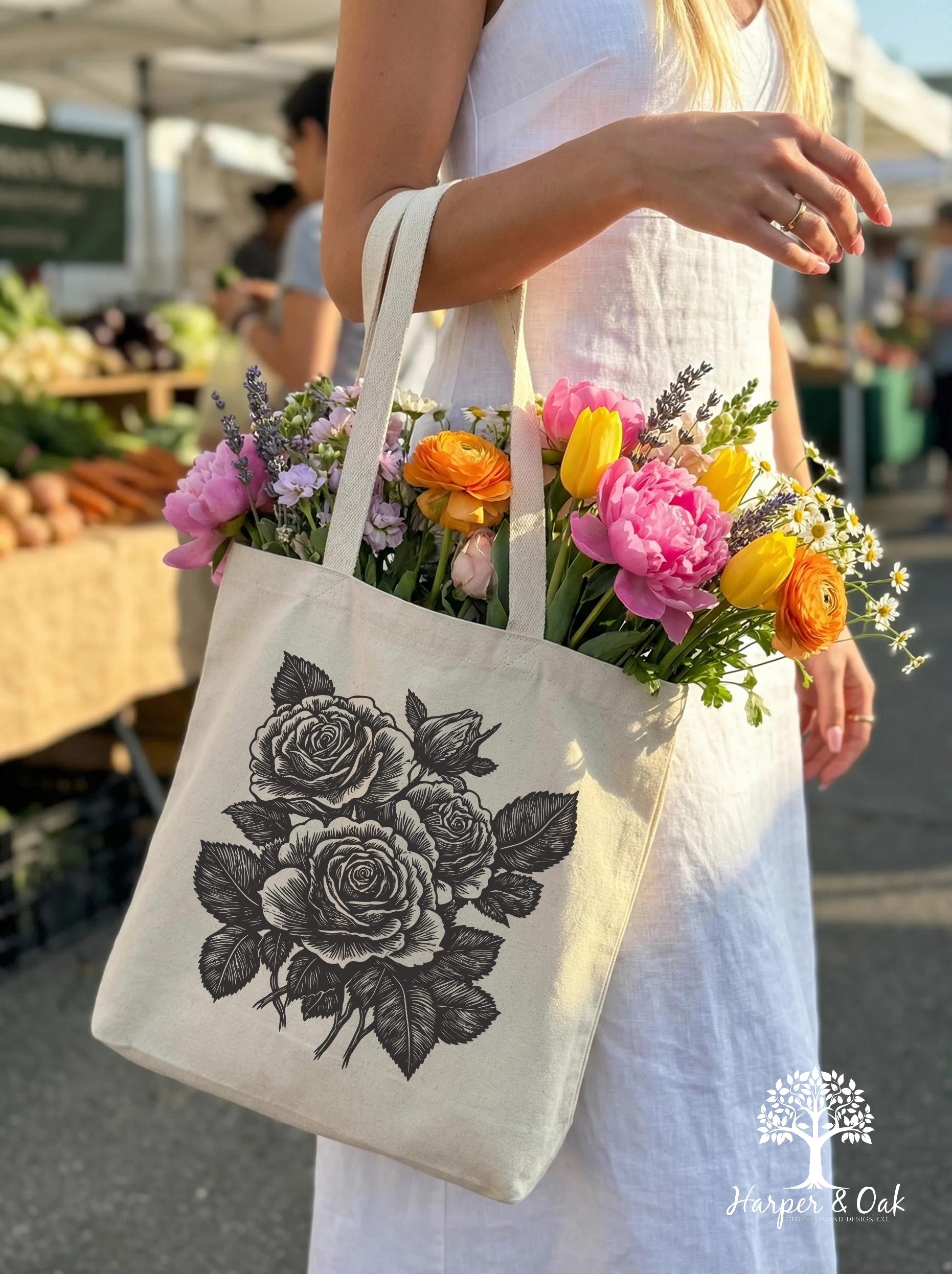 Retro Linocut Flower Tote Bag, Retro Floral Canvas Tote, Cottagecore Boho Botanical Bag, Dark Academia Tote