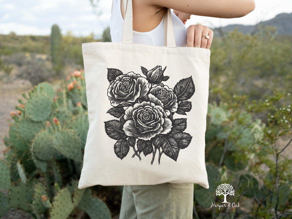 Retro Linocut Flower Tote Bag, Retro Floral Canvas Tote, Cottagecore Boho Botanical Bag, Dark Academia Tote