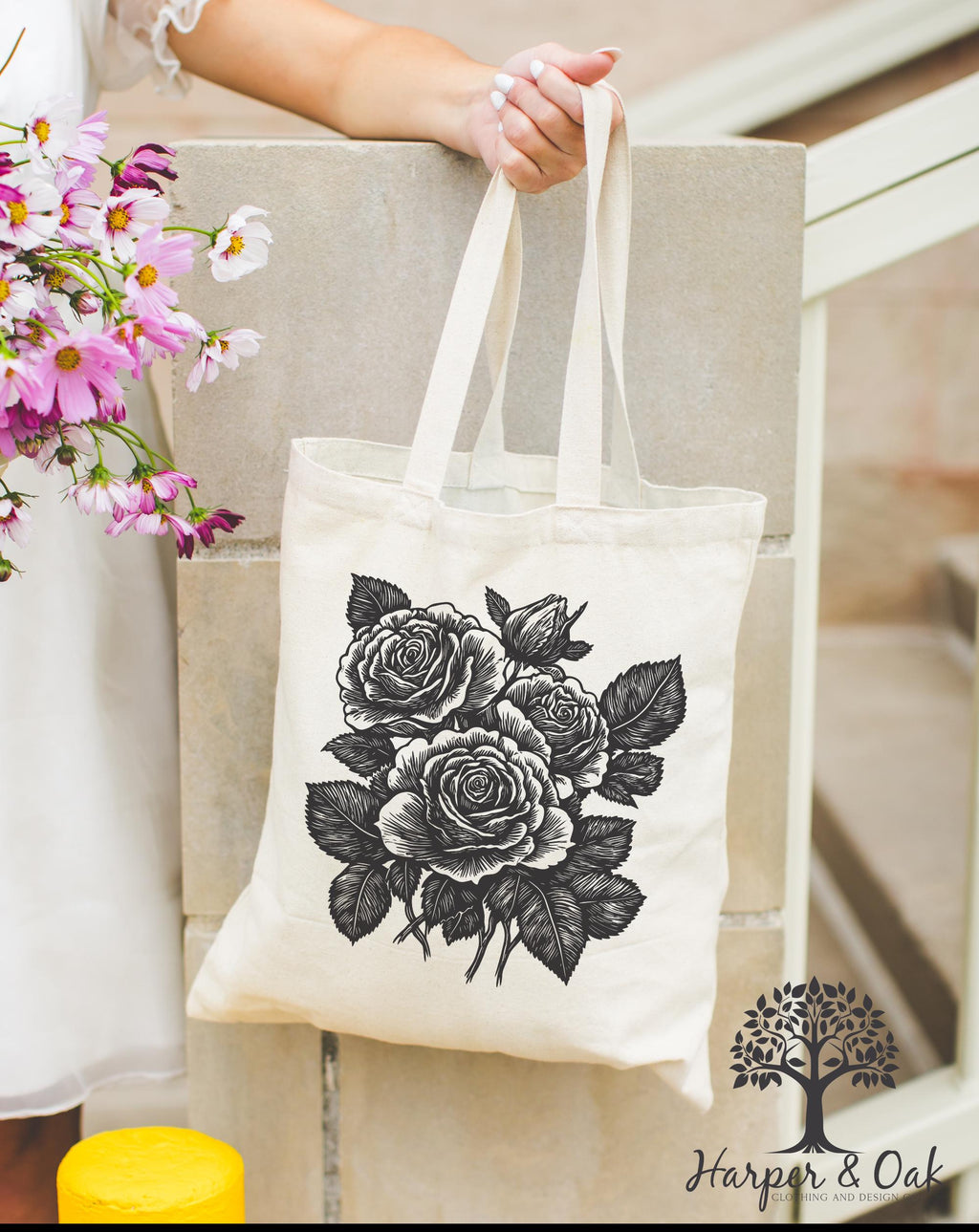 Retro Linocut Flower Tote Bag, Retro Floral Canvas Tote, Cottagecore Boho Botanical Bag, Dark Academia Tote