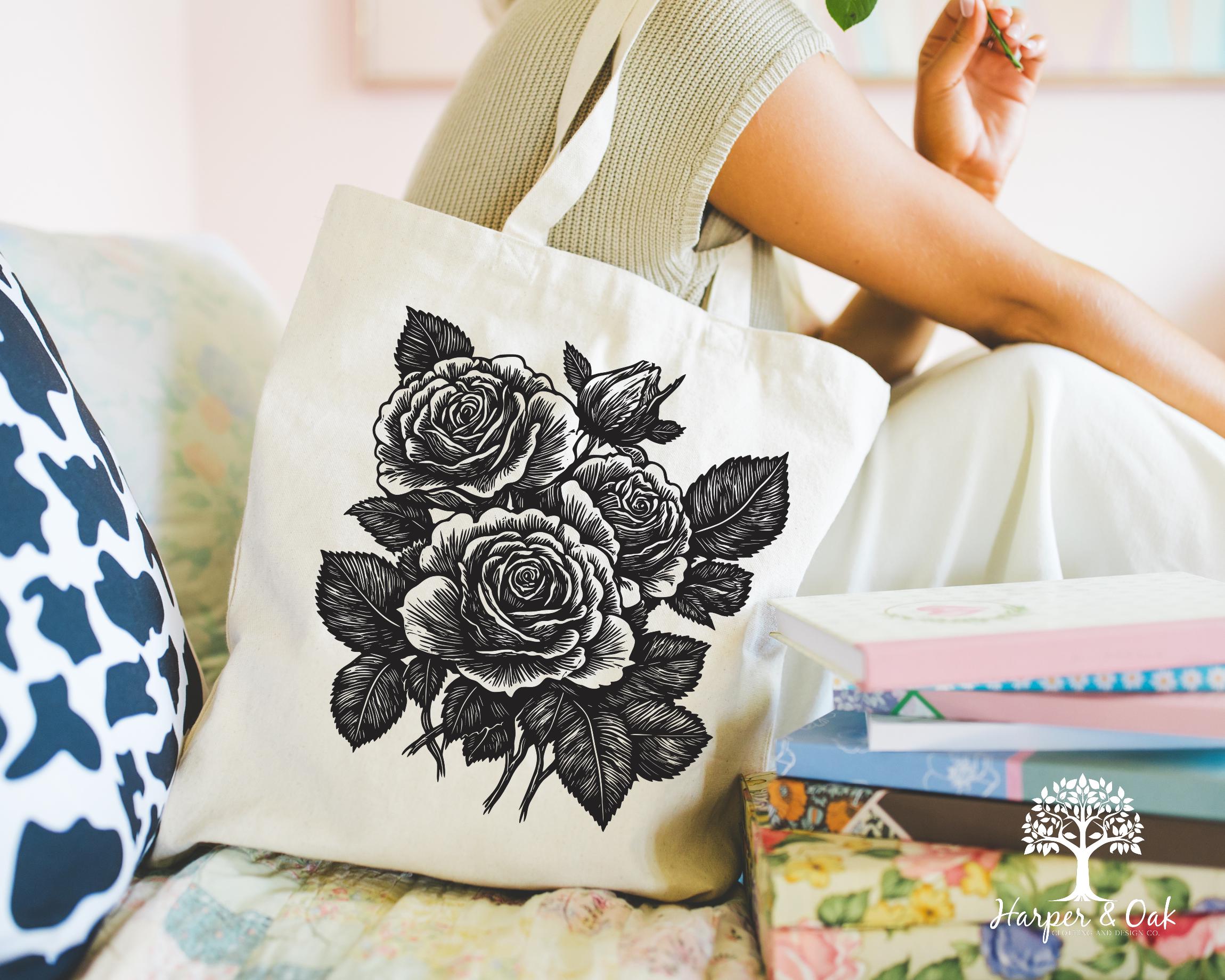 Retro Linocut Flower Tote Bag, Retro Floral Canvas Tote, Cottagecore Boho Botanical Bag, Dark Academia Tote